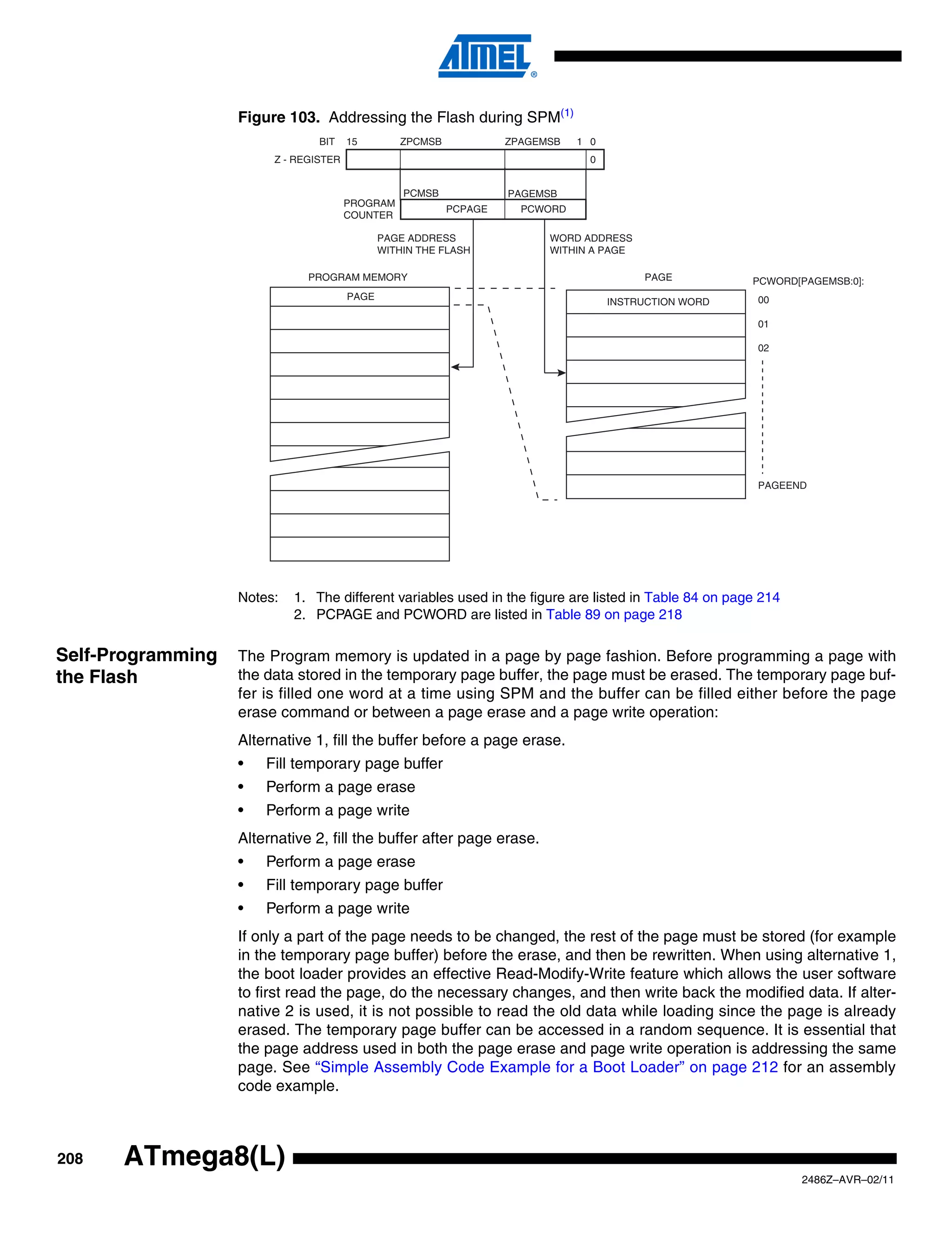Figure 103. Addressing the Flash during SPM(1)
                                BIT    15        ZPCMSB            ZPAGEMSB   1 0
                        Z - REGISTER                                            0


                                                  PCMSB            PAGEMSB
                                       PROGRAM
                                                          PCPAGE     PCWORD
                                       COUNTER

                                              PAGE ADDRESS               WORD ADDRESS
                                              WITHIN THE FLASH           WITHIN A PAGE

                              PROGRAM MEMORY                                             PAGE          PCWORD[PAGEMSB:0]:
                                       PAGE                                                             00
                                                                                    INSTRUCTION WORD

                                                                                                        01

                                                                                                        02




                                                                                                        PAGEEND




                   Notes:   1. The different variables used in the figure are listed in Table 84 on page 214
                            2. PCPAGE and PCWORD are listed in Table 89 on page 218


Self-Programming   The Program memory is updated in a page by page fashion. Before programming a page with
the Flash          the data stored in the temporary page buffer, the page must be erased. The temporary page buf-
                   fer is filled one word at a time using SPM and the buffer can be filled either before the page
                   erase command or between a page erase and a page write operation:
                   Alternative 1, fill the buffer before a page erase.
                   •   Fill temporary page buffer
                   •   Perform a page erase
                   •   Perform a page write
                   Alternative 2, fill the buffer after page erase.
                   •   Perform a page erase
                   •   Fill temporary page buffer
                   •   Perform a page write
                   If only a part of the page needs to be changed, the rest of the page must be stored (for example
                   in the temporary page buffer) before the erase, and then be rewritten. When using alternative 1,
                   the boot loader provides an effective Read-Modify-Write feature which allows the user software
                   to first read the page, do the necessary changes, and then write back the modified data. If alter-
                   native 2 is used, it is not possible to read the old data while loading since the page is already
                   erased. The temporary page buffer can be accessed in a random sequence. It is essential that
                   the page address used in both the page erase and page write operation is addressing the same
                   page. See “Simple Assembly Code Example for a Boot Loader” on page 212 for an assembly
                   code example.



208   ATmega8(L)
                                                                                                               2486Z–AVR–02/11
 
