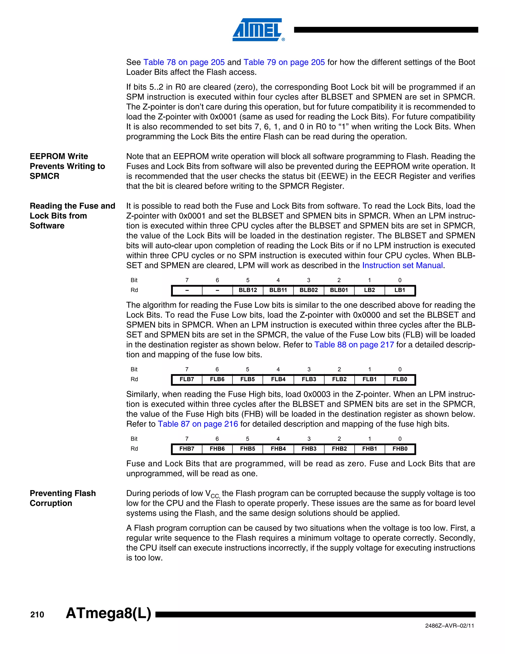 See Table 78 on page 205 and Table 79 on page 205 for how the different settings of the Boot
                       Loader Bits affect the Flash access.
                       If bits 5..2 in R0 are cleared (zero), the corresponding Boot Lock bit will be programmed if an
                       SPM instruction is executed within four cycles after BLBSET and SPMEN are set in SPMCR.
                       The Z-pointer is don’t care during this operation, but for future compatibility it is recommended to
                       load the Z-pointer with 0x0001 (same as used for reading the Lock Bits). For future compatibility
                       It is also recommended to set bits 7, 6, 1, and 0 in R0 to “1” when writing the Lock Bits. When
                       programming the Lock Bits the entire Flash can be read during the operation.

EEPROM Write           Note that an EEPROM write operation will block all software programming to Flash. Reading the
Prevents Writing to    Fuses and Lock Bits from software will also be prevented during the EEPROM write operation. It
SPMCR                  is recommended that the user checks the status bit (EEWE) in the EECR Register and verifies
                       that the bit is cleared before writing to the SPMCR Register.

Reading the Fuse and   It is possible to read both the Fuse and Lock Bits from software. To read the Lock Bits, load the
Lock Bits from         Z-pointer with 0x0001 and set the BLBSET and SPMEN bits in SPMCR. When an LPM instruc-
Software               tion is executed within three CPU cycles after the BLBSET and SPMEN bits are set in SPMCR,
                       the value of the Lock Bits will be loaded in the destination register. The BLBSET and SPMEN
                       bits will auto-clear upon completion of reading the Lock Bits or if no LPM instruction is executed
                       within three CPU cycles or no SPM instruction is executed within four CPU cycles. When BLB-
                       SET and SPMEN are cleared, LPM will work as described in the Instruction set Manual.
                        Bit             7       6        5        4        3        2       1        0
                        Rd              –       –      BLB12    BLB11    BLB02   BLB01     LB2      LB1

                       The algorithm for reading the Fuse Low bits is similar to the one described above for reading the
                       Lock Bits. To read the Fuse Low bits, load the Z-pointer with 0x0000 and set the BLBSET and
                       SPMEN bits in SPMCR. When an LPM instruction is executed within three cycles after the BLB-
                       SET and SPMEN bits are set in the SPMCR, the value of the Fuse Low bits (FLB) will be loaded
                       in the destination register as shown below. Refer to Table 88 on page 217 for a detailed descrip-
                       tion and mapping of the fuse low bits.
                        Bit             7       6        5        4        3        2       1        0
                        Rd            FLB7     FLB6     FLB5    FLB4     FLB3     FLB2     FLB1     FLB0

                       Similarly, when reading the Fuse High bits, load 0x0003 in the Z-pointer. When an LPM instruc-
                       tion is executed within three cycles after the BLBSET and SPMEN bits are set in the SPMCR,
                       the value of the Fuse High bits (FHB) will be loaded in the destination register as shown below.
                       Refer to Table 87 on page 216 for detailed description and mapping of the fuse high bits.
                        Bit             7       6        5        4        3        2       1        0
                        Rd            FHB7     FHB6    FHB5     FHB4     FHB3     FHB2     FHB1     FHB0

                       Fuse and Lock Bits that are programmed, will be read as zero. Fuse and Lock Bits that are
                       unprogrammed, will be read as one.

Preventing Flash       During periods of low VCC, the Flash program can be corrupted because the supply voltage is too
Corruption             low for the CPU and the Flash to operate properly. These issues are the same as for board level
                       systems using the Flash, and the same design solutions should be applied.
                       A Flash program corruption can be caused by two situations when the voltage is too low. First, a
                       regular write sequence to the Flash requires a minimum voltage to operate correctly. Secondly,
                       the CPU itself can execute instructions incorrectly, if the supply voltage for executing instructions
                       is too low.




210      ATmega8(L)
                                                                                                             2486Z–AVR–02/11
 