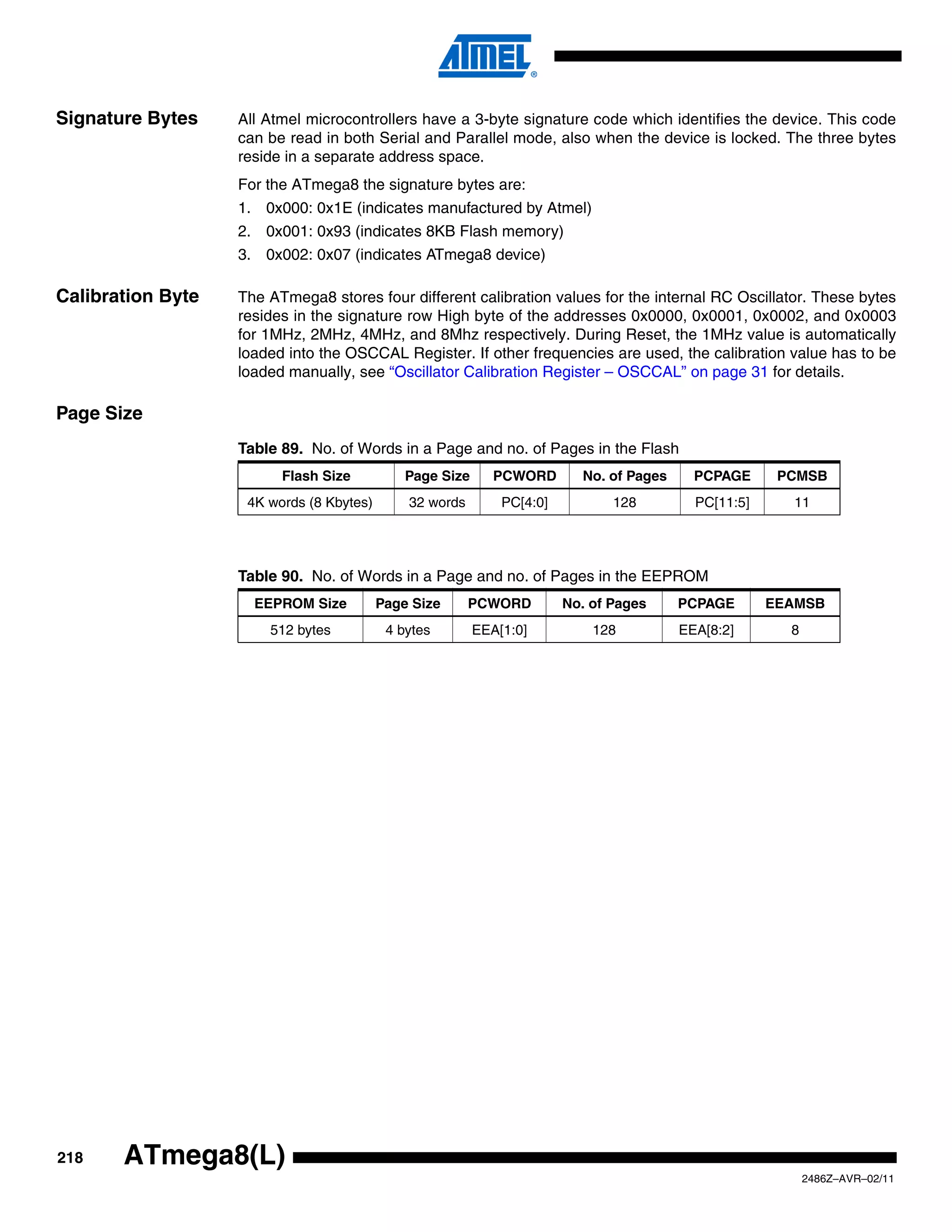 Signature Bytes    All Atmel microcontrollers have a 3-byte signature code which identifies the device. This code
                   can be read in both Serial and Parallel mode, also when the device is locked. The three bytes
                   reside in a separate address space.
                   For the ATmega8 the signature bytes are:
                   1. 0x000: 0x1E (indicates manufactured by Atmel)
                   2. 0x001: 0x93 (indicates 8KB Flash memory)
                   3. 0x002: 0x07 (indicates ATmega8 device)

Calibration Byte   The ATmega8 stores four different calibration values for the internal RC Oscillator. These bytes
                   resides in the signature row High byte of the addresses 0x0000, 0x0001, 0x0002, and 0x0003
                   for 1MHz, 2MHz, 4MHz, and 8Mhz respectively. During Reset, the 1MHz value is automatically
                   loaded into the OSCCAL Register. If other frequencies are used, the calibration value has to be
                   loaded manually, see “Oscillator Calibration Register – OSCCAL” on page 31 for details.

Page Size
                   Table 89. No. of Words in a Page and no. of Pages in the Flash
                         Flash Size           Page Size      PCWORD       No. of Pages     PCPAGE      PCMSB
                    4K words (8 Kbytes)       32 words        PC[4:0]          128         PC[11:5]     11




                   Table 90. No. of Words in a Page and no. of Pages in the EEPROM
                     EEPROM Size          Page Size      PCWORD         No. of Pages     PCPAGE       EEAMSB
                       512 bytes           4 bytes        EEA[1:0]          128          EEA[8:2]       8




218    ATmega8(L)
                                                                                                            2486Z–AVR–02/11
 