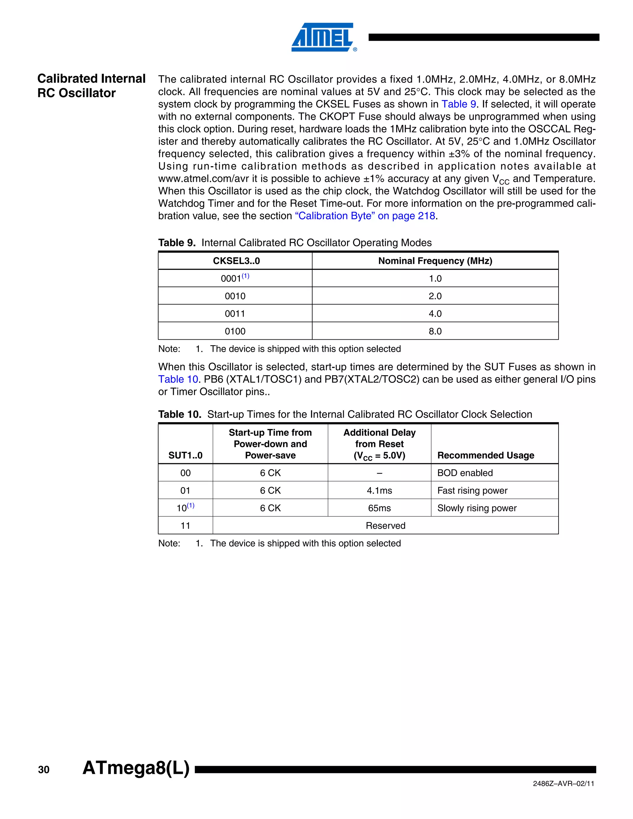 Calibrated Internal The calibrated internal RC Oscillator provides a fixed 1.0MHz, 2.0MHz, 4.0MHz, or 8.0MHz
RC Oscillator       clock. All frequencies are nominal values at 5V and 25°C. This clock may be selected as the
                        system clock by programming the CKSEL Fuses as shown in Table 9. If selected, it will operate
                        with no external components. The CKOPT Fuse should always be unprogrammed when using
                        this clock option. During reset, hardware loads the 1MHz calibration byte into the OSCCAL Reg-
                        ister and thereby automatically calibrates the RC Oscillator. At 5V, 25°C and 1.0MHz Oscillator
                        frequency selected, this calibration gives a frequency within ±3% of the nominal frequency.
                        Using run-time calibration methods as described in application notes available at
                        www.atmel.com/avr it is possible to achieve ±1% accuracy at any given VCC and Temperature.
                        When this Oscillator is used as the chip clock, the Watchdog Oscillator will still be used for the
                        Watchdog Timer and for the Reset Time-out. For more information on the pre-programmed cali-
                        bration value, see the section “Calibration Byte” on page 218.

                        Table 9. Internal Calibrated RC Oscillator Operating Modes
                                          CKSEL3..0                               Nominal Frequency (MHz)
                                            0001(1)                                         1.0
                                             0010                                           2.0
                                             0011                                           4.0
                                             0100                                           8.0
                        Note:         1. The device is shipped with this option selected
                        When this Oscillator is selected, start-up times are determined by the SUT Fuses as shown in
                        Table 10. PB6 (XTAL1/TOSC1) and PB7(XTAL2/TOSC2) can be used as either general I/O pins
                        or Timer Oscillator pins..

                        Table 10. Start-up Times for the Internal Calibrated RC Oscillator Clock Selection
                                              Start-up Time from         Additional Delay
                                               Power-down and               from Reset
                          SUT1..0                Power-save                (VCC = 5.0V)      Recommended Usage
                            00                        6 CK                        –          BOD enabled
                            01                        6 CK                     4.1ms         Fast rising power
                                (1)
                            10                        6 CK                      65ms         Slowly rising power
                            11                                                 Reserved
                        Note:         1. The device is shipped with this option selected




30      ATmega8(L)
                                                                                                                   2486Z–AVR–02/11
 