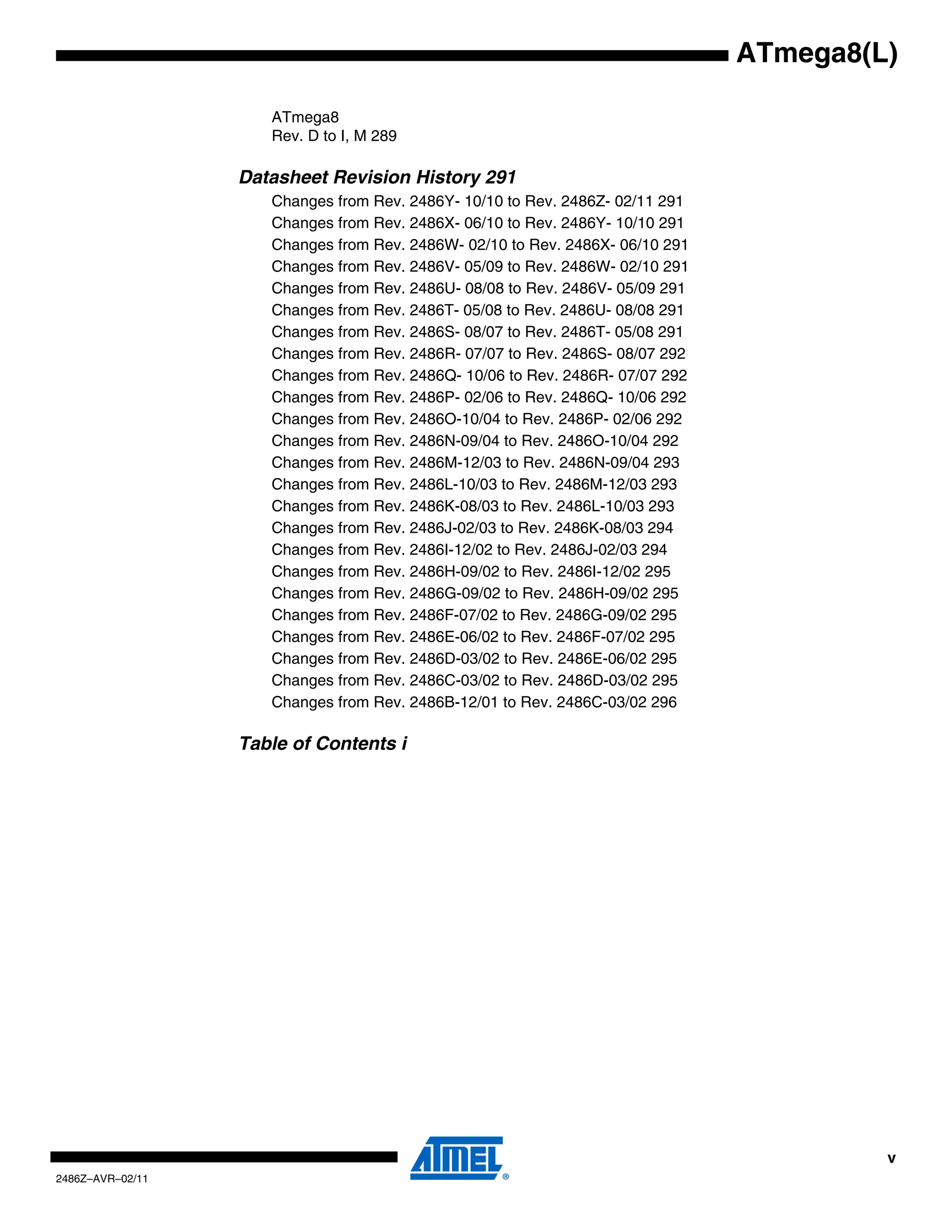 ATmega8(L)

                     ATmega8
                     Rev. D to I, M 289

                  Datasheet Revision History 291
                     Changes from Rev. 2486Y- 10/10 to Rev. 2486Z- 02/11 291
                     Changes from Rev. 2486X- 06/10 to Rev. 2486Y- 10/10 291
                     Changes from Rev. 2486W- 02/10 to Rev. 2486X- 06/10 291
                     Changes from Rev. 2486V- 05/09 to Rev. 2486W- 02/10 291
                     Changes from Rev. 2486U- 08/08 to Rev. 2486V- 05/09 291
                     Changes from Rev. 2486T- 05/08 to Rev. 2486U- 08/08 291
                     Changes from Rev. 2486S- 08/07 to Rev. 2486T- 05/08 291
                     Changes from Rev. 2486R- 07/07 to Rev. 2486S- 08/07 292
                     Changes from Rev. 2486Q- 10/06 to Rev. 2486R- 07/07 292
                     Changes from Rev. 2486P- 02/06 to Rev. 2486Q- 10/06 292
                     Changes from Rev. 2486O-10/04 to Rev. 2486P- 02/06 292
                     Changes from Rev. 2486N-09/04 to Rev. 2486O-10/04 292
                     Changes from Rev. 2486M-12/03 to Rev. 2486N-09/04 293
                     Changes from Rev. 2486L-10/03 to Rev. 2486M-12/03 293
                     Changes from Rev. 2486K-08/03 to Rev. 2486L-10/03 293
                     Changes from Rev. 2486J-02/03 to Rev. 2486K-08/03 294
                     Changes from Rev. 2486I-12/02 to Rev. 2486J-02/03 294
                     Changes from Rev. 2486H-09/02 to Rev. 2486I-12/02 295
                     Changes from Rev. 2486G-09/02 to Rev. 2486H-09/02 295
                     Changes from Rev. 2486F-07/02 to Rev. 2486G-09/02 295
                     Changes from Rev. 2486E-06/02 to Rev. 2486F-07/02 295
                     Changes from Rev. 2486D-03/02 to Rev. 2486E-06/02 295
                     Changes from Rev. 2486C-03/02 to Rev. 2486D-03/02 295
                     Changes from Rev. 2486B-12/01 to Rev. 2486C-03/02 296

                  Table of Contents i




                                                                                        v
2486Z–AVR–02/11
 