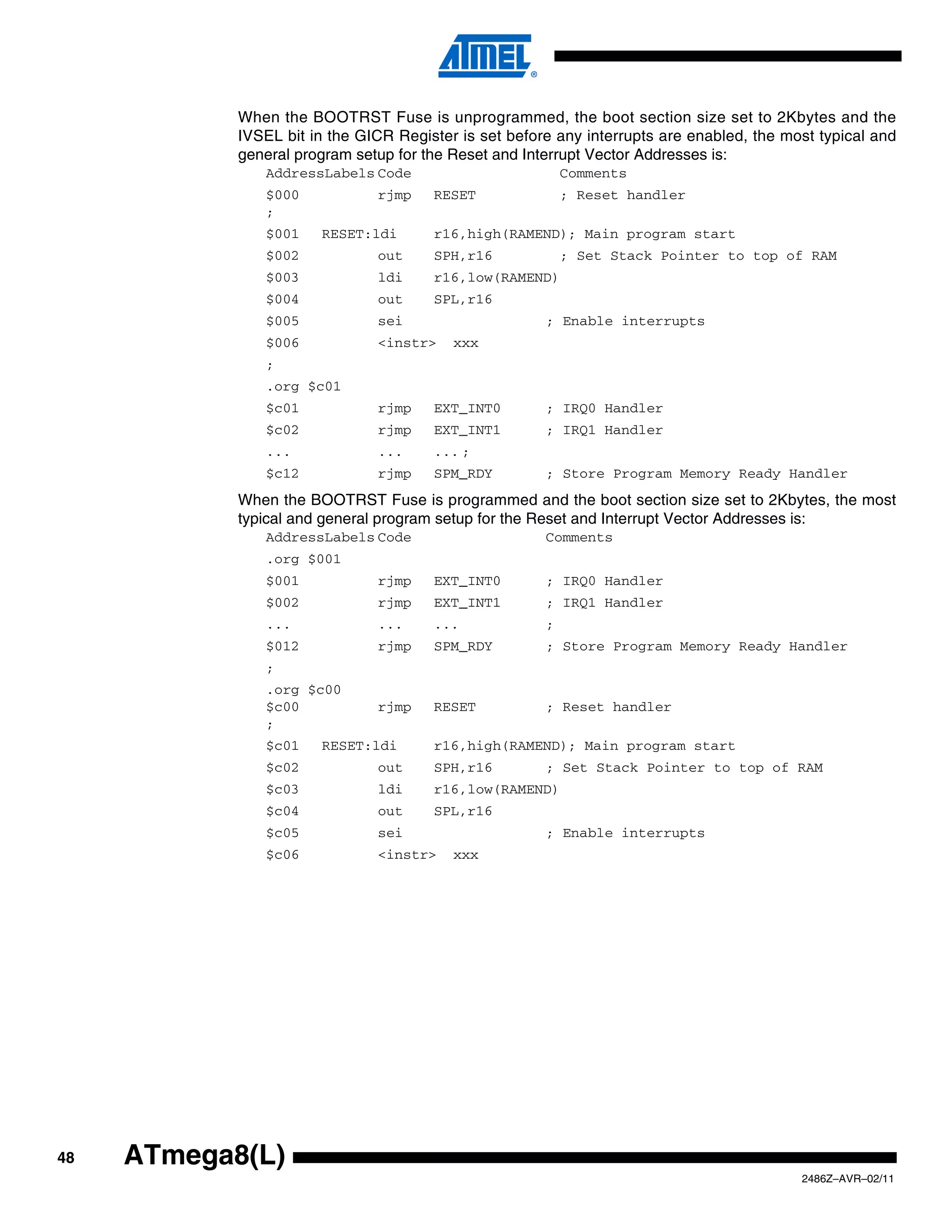 When the BOOTRST Fuse is unprogrammed, the boot section size set to 2Kbytes and the
            IVSEL bit in the GICR Register is set before any interrupts are enabled, the most typical and
            general program setup for the Reset and Interrupt Vector Addresses is:
               AddressLabels Code                          Comments
               $000            rjmp    RESET               ; Reset handler
               ;
               $001    RESET:ldi       r16,high(RAMEND); Main program start
               $002            out     SPH,r16             ; Set Stack Pointer to top of RAM
               $003            ldi     r16,low(RAMEND)
               $004            out     SPL,r16
               $005            sei                     ; Enable interrupts
               $006            <instr>    xxx
               ;
               .org $c01
               $c01            rjmp    EXT_INT0        ; IRQ0 Handler
               $c02            rjmp    EXT_INT1        ; IRQ1 Handler
               ...             ...     ... ;
               $c12            rjmp    SPM_RDY         ; Store Program Memory Ready Handler
            When the BOOTRST Fuse is programmed and the boot section size set to 2Kbytes, the most
            typical and general program setup for the Reset and Interrupt Vector Addresses is:
               AddressLabels Code                      Comments
               .org $001
               $001            rjmp    EXT_INT0        ; IRQ0 Handler
               $002            rjmp    EXT_INT1        ; IRQ1 Handler
               ...             ...     ...             ;
               $012            rjmp    SPM_RDY         ; Store Program Memory Ready Handler
               ;
               .org $c00
               $c00            rjmp    RESET           ; Reset handler
               ;
               $c01    RESET:ldi       r16,high(RAMEND); Main program start
               $c02            out     SPH,r16         ; Set Stack Pointer to top of RAM
               $c03            ldi     r16,low(RAMEND)
               $c04            out     SPL,r16
               $c05            sei                     ; Enable interrupts
               $c06            <instr>    xxx




48   ATmega8(L)
                                                                                           2486Z–AVR–02/11
 