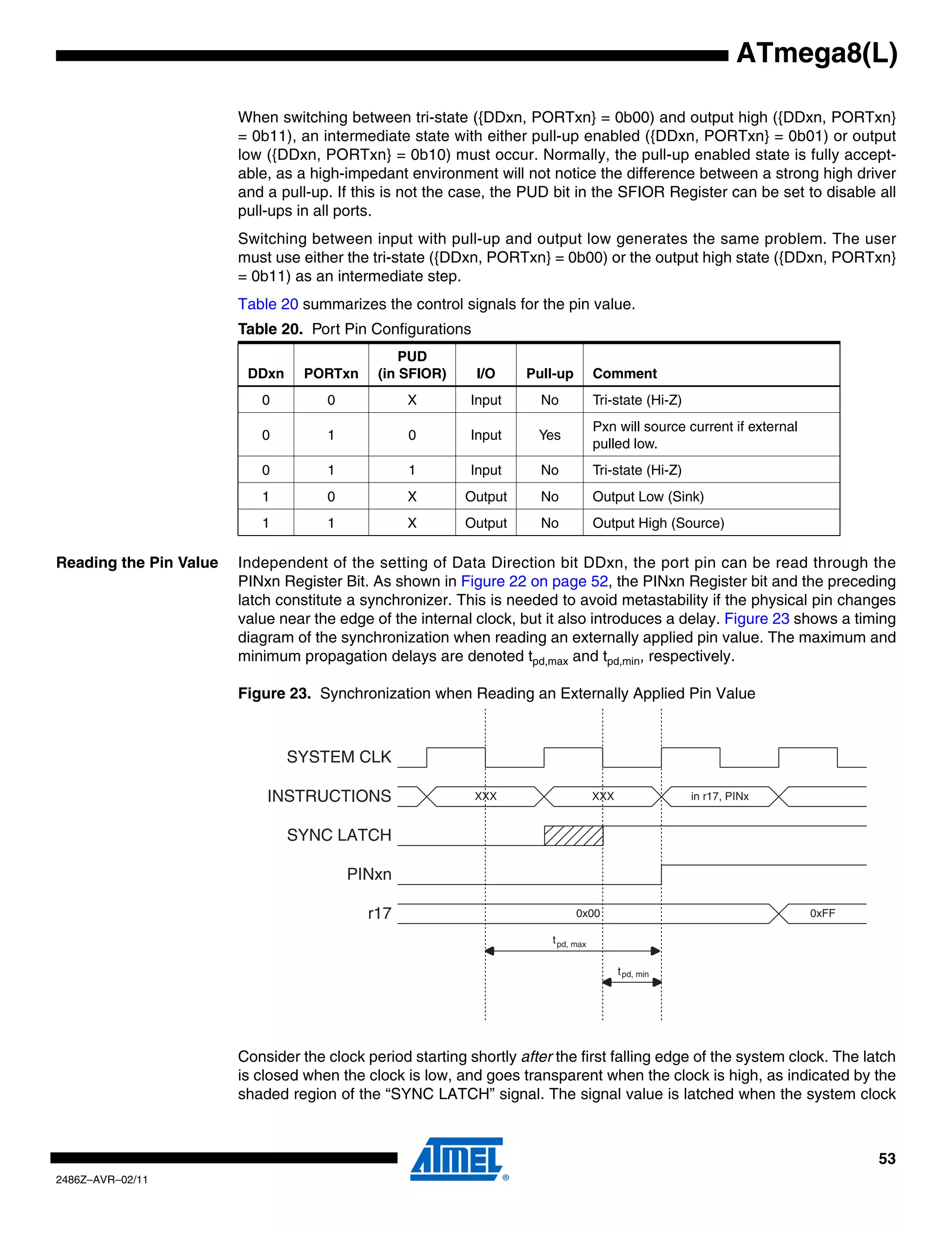 ATmega8(L)

                        When switching between tri-state ({DDxn, PORTxn} = 0b00) and output high ({DDxn, PORTxn}
                        = 0b11), an intermediate state with either pull-up enabled ({DDxn, PORTxn} = 0b01) or output
                        low ({DDxn, PORTxn} = 0b10) must occur. Normally, the pull-up enabled state is fully accept-
                        able, as a high-impedant environment will not notice the difference between a strong high driver
                        and a pull-up. If this is not the case, the PUD bit in the SFIOR Register can be set to disable all
                        pull-ups in all ports.
                        Switching between input with pull-up and output low generates the same problem. The user
                        must use either the tri-state ({DDxn, PORTxn} = 0b00) or the output high state ({DDxn, PORTxn}
                        = 0b11) as an intermediate step.
                        Table 20 summarizes the control signals for the pin value.
                        Table 20. Port Pin Configurations
                                                 PUD
                         DDxn     PORTxn     (in SFIOR)      I/O    Pull-up         Comment
                           0         0            X         Input     No            Tri-state (Hi-Z)
                                                                                    Pxn will source current if external
                           0         1            0         Input     Yes
                                                                                    pulled low.
                           0         1            1         Input     No            Tri-state (Hi-Z)
                           1         0            X        Output     No            Output Low (Sink)
                           1         1            X        Output     No            Output High (Source)

Reading the Pin Value   Independent of the setting of Data Direction bit DDxn, the port pin can be read through the
                        PINxn Register Bit. As shown in Figure 22 on page 52, the PINxn Register bit and the preceding
                        latch constitute a synchronizer. This is needed to avoid metastability if the physical pin changes
                        value near the edge of the internal clock, but it also introduces a delay. Figure 23 shows a timing
                        diagram of the synchronization when reading an externally applied pin value. The maximum and
                        minimum propagation delays are denoted tpd,max and tpd,min, respectively.

                        Figure 23. Synchronization when Reading an Externally Applied Pin Value



                                SYSTEM CLK

                            INSTRUCTIONS                    XXX                     XXX                in r17, PINx


                                SYNC LATCH

                                         PINxn

                                            r17                               0x00                                        0xFF

                                                                        t pd, max

                                                                                          t pd, min




                        Consider the clock period starting shortly after the first falling edge of the system clock. The latch
                        is closed when the clock is low, and goes transparent when the clock is high, as indicated by the
                        shaded region of the “SYNC LATCH” signal. The signal value is latched when the system clock



                                                                                                                                 53
2486Z–AVR–02/11
 