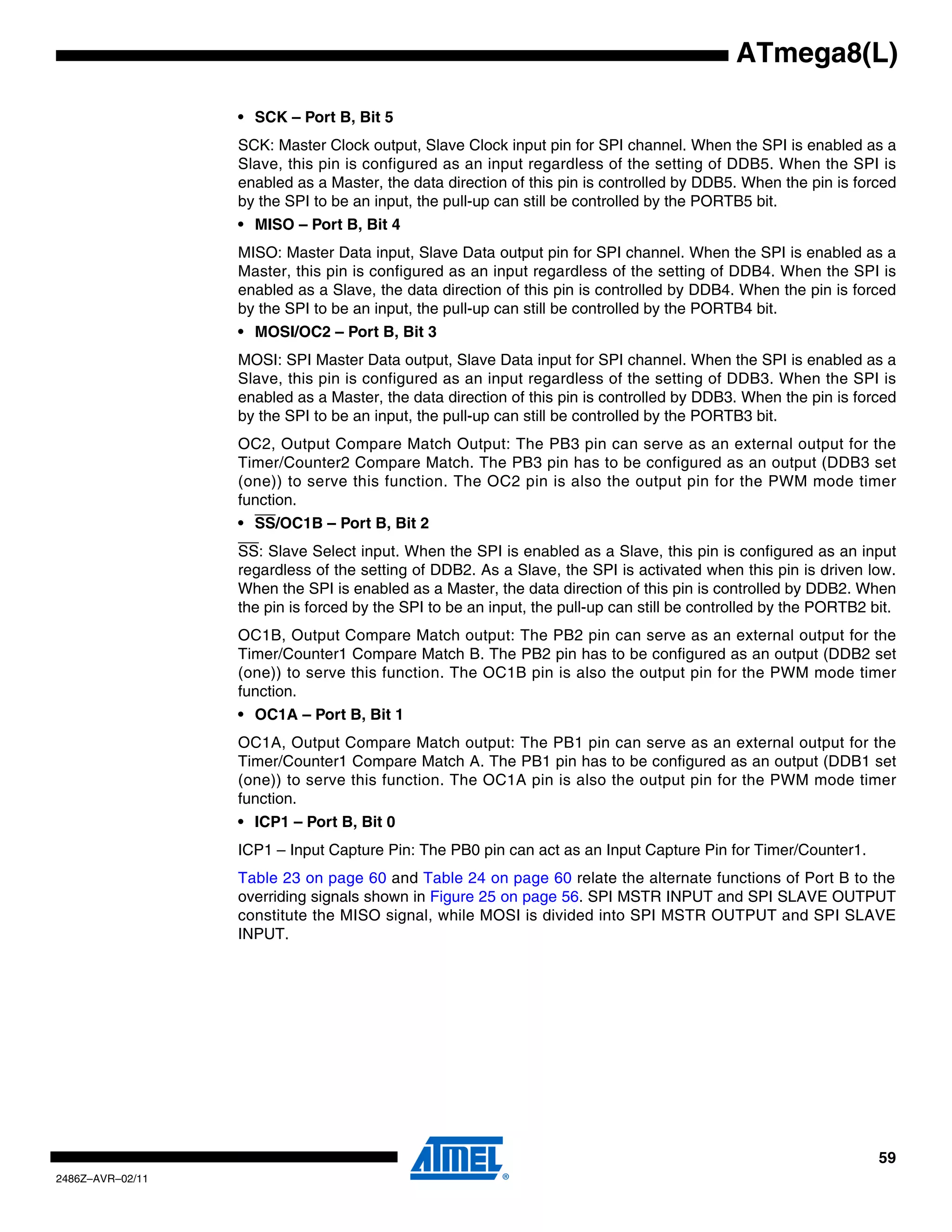 ATmega8(L)

                  • SCK – Port B, Bit 5
                  SCK: Master Clock output, Slave Clock input pin for SPI channel. When the SPI is enabled as a
                  Slave, this pin is configured as an input regardless of the setting of DDB5. When the SPI is
                  enabled as a Master, the data direction of this pin is controlled by DDB5. When the pin is forced
                  by the SPI to be an input, the pull-up can still be controlled by the PORTB5 bit.
                  • MISO – Port B, Bit 4
                  MISO: Master Data input, Slave Data output pin for SPI channel. When the SPI is enabled as a
                  Master, this pin is configured as an input regardless of the setting of DDB4. When the SPI is
                  enabled as a Slave, the data direction of this pin is controlled by DDB4. When the pin is forced
                  by the SPI to be an input, the pull-up can still be controlled by the PORTB4 bit.
                  • MOSI/OC2 – Port B, Bit 3
                  MOSI: SPI Master Data output, Slave Data input for SPI channel. When the SPI is enabled as a
                  Slave, this pin is configured as an input regardless of the setting of DDB3. When the SPI is
                  enabled as a Master, the data direction of this pin is controlled by DDB3. When the pin is forced
                  by the SPI to be an input, the pull-up can still be controlled by the PORTB3 bit.
                  OC2, Output Compare Match Output: The PB3 pin can serve as an external output for the
                  Timer/Counter2 Compare Match. The PB3 pin has to be configured as an output (DDB3 set
                  (one)) to serve this function. The OC2 pin is also the output pin for the PWM mode timer
                  function.
                  • SS/OC1B – Port B, Bit 2
                  SS: Slave Select input. When the SPI is enabled as a Slave, this pin is configured as an input
                  regardless of the setting of DDB2. As a Slave, the SPI is activated when this pin is driven low.
                  When the SPI is enabled as a Master, the data direction of this pin is controlled by DDB2. When
                  the pin is forced by the SPI to be an input, the pull-up can still be controlled by the PORTB2 bit.
                  OC1B, Output Compare Match output: The PB2 pin can serve as an external output for the
                  Timer/Counter1 Compare Match B. The PB2 pin has to be configured as an output (DDB2 set
                  (one)) to serve this function. The OC1B pin is also the output pin for the PWM mode timer
                  function.
                  • OC1A – Port B, Bit 1
                  OC1A, Output Compare Match output: The PB1 pin can serve as an external output for the
                  Timer/Counter1 Compare Match A. The PB1 pin has to be configured as an output (DDB1 set
                  (one)) to serve this function. The OC1A pin is also the output pin for the PWM mode timer
                  function.
                  • ICP1 – Port B, Bit 0
                  ICP1 – Input Capture Pin: The PB0 pin can act as an Input Capture Pin for Timer/Counter1.
                  Table 23 on page 60 and Table 24 on page 60 relate the alternate functions of Port B to the
                  overriding signals shown in Figure 25 on page 56. SPI MSTR INPUT and SPI SLAVE OUTPUT
                  constitute the MISO signal, while MOSI is divided into SPI MSTR OUTPUT and SPI SLAVE
                  INPUT.




                                                                                                                  59
2486Z–AVR–02/11
 