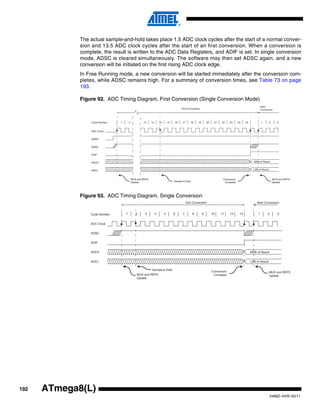 The actual sample-and-hold takes place 1.5 ADC clock cycles after the start of a normal conver-
             sion and 13.5 ADC clock cycles after the start of an first conversion. When a conversion is
             complete, the result is written to the ADC Data Registers, and ADIF is set. In single conversion
             mode, ADSC is cleared simultaneously. The software may then set ADSC again, and a new
             conversion will be initiated on the first rising ADC clock edge.
             In Free Running mode, a new conversion will be started immediately after the conversion com-
             pletes, while ADSC remains high. For a summary of conversion times, see Table 73 on page
             193.

             Figure 92. ADC Timing Diagram, First Conversion (Single Conversion Mode)
                                                                                                                                                             Next
                                                                                        First Conversion                                                     Conversion




                 Cycle Number   1       2           12     13       14       15   16    17      18    19       20    21   22     23     24    25             1       2      3


                 ADC Clock


                 ADEN


                 ADSC


                 ADIF


                 ADCH                                                                                                                                MSB of Result


                 ADCL                                                                                                                                LSB of Result


                                            MUX and REFS                                                                   Conversion                                    MUX and REFS
                                            Update                                Sample & Hold                             Complete                                     Update




             Figure 93. ADC Timing Diagram, Single Conversion
                                                                                             One Conversion                                             Next Conversion


                 Cycle Number       1          2     3          4        5        6      7        8        9        10    11     12      13              1         2        3


                 ADC Clock


                 ADSC


                 ADIF


                 ADCH                                                                                                                              MSB of Result


                 ADCL                                                                                                                              LSB of Result

                                                           Sample & Hold
                                                                                                                    Conversion                                       MUX and REFS
                                                MUX and REFS                                                         Complete                                        Update
                                                Update




192   ATmega8(L)
                                                                                                                                                                       2486Z–AVR–02/11
 