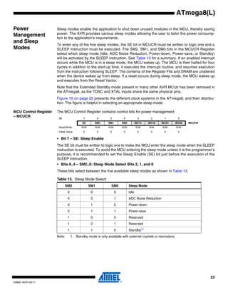 ATmega8(L)

Power                  Sleep modes enable the application to shut down unused modules in the MCU, thereby saving
                       power. The AVR provides various sleep modes allowing the user to tailor the power consump-
Management             tion to the application’s requirements.
and Sleep
                       To enter any of the five sleep modes, the SE bit in MCUCR must be written to logic one and a
Modes                  SLEEP instruction must be executed. The SM2, SM1, and SM0 bits in the MCUCR Register
                       select which sleep mode (Idle, ADC Noise Reduction, Power-down, Power-save, or Standby)
                       will be activated by the SLEEP instruction. See Table 13 for a summary. If an enabled interrupt
                       occurs while the MCU is in a sleep mode, the MCU wakes up. The MCU is then halted for four
                       cycles in addition to the start-up time, it executes the interrupt routine, and resumes execution
                       from the instruction following SLEEP. The contents of the Register File and SRAM are unaltered
                       when the device wakes up from sleep. If a reset occurs during sleep mode, the MCU wakes up
                       and executes from the Reset Vector.
                       Note that the Extended Standby mode present in many other AVR MCUs has been removed in
                       the ATmega8, as the TOSC and XTAL inputs share the same physical pins.
                       Figure 10 on page 25 presents the different clock systems in the ATmega8, and their distribu-
                       tion. The figure is helpful in selecting an appropriate sleep mode.

MCU Control Register   The MCU Control Register contains control bits for power management.
– MCUCR
                        Bit                 7          6      5         4            3        2       1       0
                                            SE        SM2    SM1       SM0          ISC11   ISC10   ISC01    ISC00   MCUCR
                        Read/Write         R/W        R/W    R/W       R/W          R/W     R/W     R/W      R/W
                        Initial Value       0          0      0         0            0        0       0       0

                       • Bit 7 – SE: Sleep Enable
                       The SE bit must be written to logic one to make the MCU enter the sleep mode when the SLEEP
                       instruction is executed. To avoid the MCU entering the sleep mode unless it is the programmer’s
                       purpose, it is recommended to set the Sleep Enable (SE) bit just before the execution of the
                       SLEEP instruction.
                       • Bits 6..4 – SM2..0: Sleep Mode Select Bits 2, 1, and 0
                       These bits select between the five available sleep modes as shown in Table 13.

                       Table 13. Sleep Mode Select
                               SM2               SM1           SM0           Sleep Mode
                                0                 0                0         Idle
                                0                 0                1         ADC Noise Reduction
                                0                 1                0         Power-down
                                0                 1                1         Power-save
                                1                 0                0         Reserved
                                1                 0                1         Reserved
                                1                 1                0         Standby(1)
                       Note:        1. Standby mode is only available with external crystals or resonators




                                                                                                                             33
2486Z–AVR–02/11
 