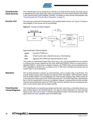 Timer/Counter     The Timer/Counter can be clocked by an internal or an external clock source. The clock source
Clock Sources     is selected by the clock select logic which is controlled by the clock select (CS02:0) bits located
                  in the Timer/Counter Control Register (TCCR0). For details on clock sources and prescaler, see
                  “Timer/Counter0 and Timer/Counter1 Prescalers” on page 73.

Counter Unit      The main part of the 8-bit Timer/Counter is the programmable counter unit. Figure 27 shows a
                  block diagram of the counter and its surroundings.

                  Figure 27. Counter Unit Block Diagram
                                                                           TOVn
                             DATA BUS                                      (Int. Req.)


                                                                                         Clock Select

                                                  count                                    Edge
                                TCNTn                      Control Logic                                          Tn
                                                                           clkTn          Detector



                                                                                          ( From Prescaler )
                                                                  max



                  Signal description (internal signals):
                    count        Increment TCNT0 by 1
                    clkTn        Timer/Counter clock, referred to as clkT0 in the following
                    max          Signalize that TCNT0 has reached maximum value
                  The counter is incremented at each timer clock (clkT0). clkT0 can be generated from an external
                  or internal clock source, selected by the clock select bits (CS02:0). When no clock source is
                  selected (CS02:0 = 0) the timer is stopped. However, the TCNT0 value can be accessed by the
                  CPU, regardless of whether clkT0 is present or not. A CPU write overrides (has priority over) all
                  counter clear or count operations.

Operation         The counting direction is always up (incrementing), and no counter clear is performed. The
                  counter simply overruns when it passes its maximum 8-bit value (MAX = 0xFF) and then restarts
                  from the bottom (0x00). In normal operation the Timer/Counter Overflow Flag (TOV0) will be set
                  in the same timer clock cycle as the TCNT0 becomes zero. The TOV0 Flag in this case behaves
                  like a ninth bit, except that it is only set, not cleared. However, combined with the timer overflow
                  interrupt that automatically clears the TOV0 Flag, the timer resolution can be increased by soft-
                  ware. A new counter value can be written anytime.

Timer/Counter     The Timer/Counter is a synchronous design and the timer clock (clkT0) is therefore shown as a
Timing Diagrams   clock enable signal in the following figures. The figures include information on when Interrupt
                  Flags are set. Figure 28 on page 71 contains timing data for basic Timer/Counter operation. The
                  figure shows the count sequence close to the MAX value.




70     ATmega8(L)
                                                                                                               2486Z–AVR–02/11
 