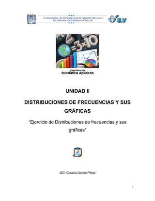 UNIDAD II
DISTRIBUCIONES DE FRECUENCIAS Y SUS
GRÁFICAS
“Ejercicio de Distribuciones de frecuencias y sus
gráficas”
ISC. Claudia García Pérez
1
 