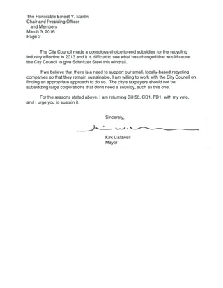 Mayor Caldwell's Letter to Council Bill 50 Veto 