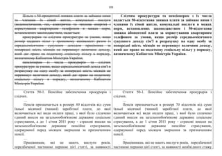 103
Пільга з 50-процентної знижки плати за займане ними
та членами їх сімей житло, комунальні послуги
(водопостачання, газ, електрична та теплова енергія) і
користування квартирним телефоном в межах норм,
встановлених законодавством, надається:
прокурорам та слідчим прокуратури за умови, якщо
розмір наданих пільг у грошовому еквіваленті разом із
середньомісячним сукупним доходом працівника за
попередні шість місяців не перевищує величини доходу,
який дає право на податкову соціальну пільгу в порядку,
визначеному Кабінетом Міністрів України;
пенсіонерам із числа прокурорів та слідчих
прокуратури за умови, якщо середньомісячний доход сім'ї в
розрахунку на одну особу за попередні шість місяців не
перевищує величини доходу, який дає право на податкову
соціальну пільгу в порядку, визначеному Кабінетом
Міністрів України.
Слідчим прокуратури та пенсіонерам з їх числа
надається 50-відсоткова знижка плати за займане ними і
членами їх сімей житло, комунальні послуги в межах
норм, встановлених законодавством і 50-відсоткова
знижка абонентної плати за користування квартирним
телефоном за умови, якщо розмір середньомісячного
сукупного доходу сім’ї в розрахунку на одну особу за
попередні шість місяців не перевищує величини доходу,
який дає право на податкову соціальну пільгу у порядку,
визначеному Кабінетом Міністрів України.
Стаття 50-1. Пенсійне забезпечення прокурорів і
слідчих.
…
Пенсія призначається в розмірі 80 відсотків від суми
їхньої місячної (чинної) заробітної плати, до якої
включаються всі види оплати праці, з якої було сплачено
єдиний внесок на загальнообов'язкове державне соціальне
страхування, а до 1 січня 2011 року - страхові внески на
загальнообов'язкове державне пенсійне страхування,
одержуваної перед місяцем звернення за призначенням
пенсії.
…
Працівникам, які не мають вислуги років,
передбаченої частиною першою цієї статті, за наявності
Стаття 50-1. Пенсійне забезпечення прокурорів і
слідчих.
…
Пенсія призначається в розмірі 70 відсотків від суми
їхньої місячної (чинної) заробітної плати, до якої
включаються всі види оплати праці, з якої було сплачено
єдиний внесок на загальнообов'язкове державне соціальне
страхування, а до 1 січня 2011 року - страхові внески на
загальнообов'язкове державне пенсійне страхування,
одержуваної перед місяцем звернення за призначенням
пенсії.
…
Працівникам, які не мають вислуги років, передбаченої
частиною першою цієї статті, за наявності необхідного стажу
 