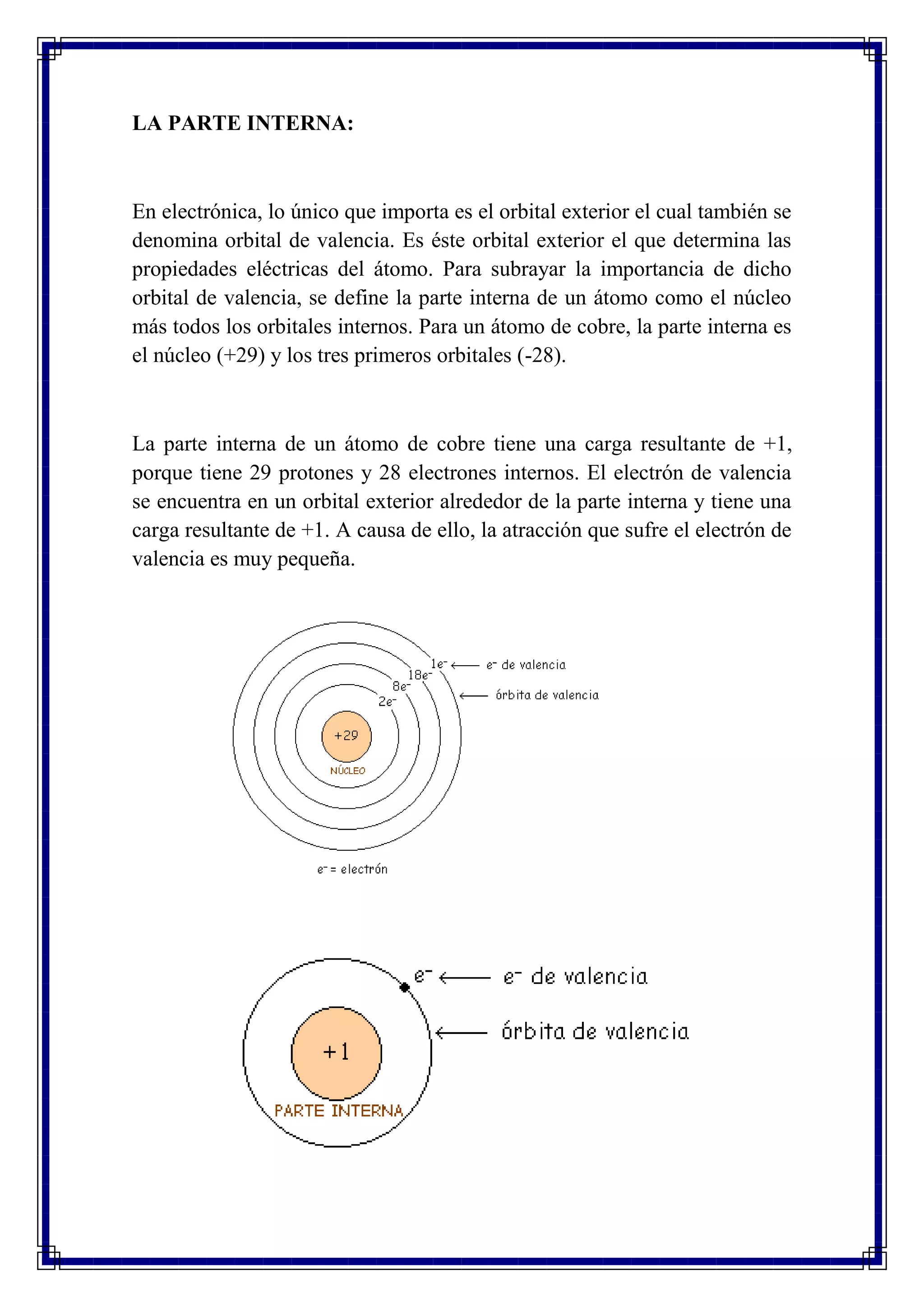 LA PARTE INTERNA:
En electrónica, lo único que importa es el orbital exterior el cual también se
denomina orbital de valencia. Es éste orbital exterior el que determina las
propiedades eléctricas del átomo. Para subrayar la importancia de dicho
orbital de valencia, se define la parte interna de un átomo como el núcleo
más todos los orbitales internos. Para un átomo de cobre, la parte interna es
el núcleo (+29) y los tres primeros orbitales (-28).
La parte interna de un átomo de cobre tiene una carga resultante de +1,
porque tiene 29 protones y 28 electrones internos. El electrón de valencia
se encuentra en un orbital exterior alrededor de la parte interna y tiene una
carga resultante de +1. A causa de ello, la atracción que sufre el electrón de
valencia es muy pequeña.