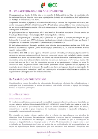 2 – CARACTERIZAÇÃO DO A GRUPAMENTO
O Agrupamento de Escolas de Cuba situa-se no concelho de Cuba, distrito de Beja, e é constituído pela
Escola Básica Fialho de Almeida, escola-sede, e pelos jardins de infância e escolas básicas do 1.º ciclo de Faro
do Alentejo, de Vila Alva e de Vila Ruiva.
No presente ano letivo, a população escolar totaliza 540 crianças e alunos: 108 frequentam a educação préescolar (seis grupos), 192 o 1.º ciclo (12 turmas), 95 o 2.º ciclo (cinco turmas), 111 o 3.º ciclo (sete turmas, uma
de percursos curriculares alternativos) e 34 os cursos de educação e formação (dois grupos). São oriundos de
outros países, 20 discentes.
Da população escolar do Agrupamento, 65,1% não beneficia de auxílios económicos. No que respeita às
tecnologias de informação e comunicação, 41,6% têm computador e internet.
O ensino é assegurado por 72 docentes, 80,6% pertencem aos quadros. A elevada percentagem dos que
lecionam há 10 ou mais anos (87,5%) atesta uma significativa experiência profissional. O corpo não docente é
composto por 35 elementos, dos quais 82,9% têm mais de 10 anos de serviço.
Os indicadores relativos à formação académica dos pais dos alunos permitem verificar que 20,3% têm
formação secundária ou superior. Quanto à sua ocupação profissional, 11,2 % exercem atividades de nível
superior ou intermédio.
No ano letivo 2010-2011, ano para o qual há referentes nacionais calculados, os valores de algumas variáveis
de contexto, tais como o número médio de alunos por turma, com internet e por trabalhador não docente são
claramente mais baixos do que os nacionais. No tocante aos auxílios económicos, de referir que esta variável
se posiciona acima dos valores medianos nacionais, no caso dos alunos dos 4.º e 9.º anos, o mesmo não
acontecendo com os de 6.º ano de escolaridade, em que a sua percentagem é inferior. As taxas de
assiduidade média do pessoal docente e não docente apresentam valores superiores aos da população de
referência. A percentagem de professores dos quadros, de alunos portugueses, de pais e encarregados de
educação com ocupação profissional classificada como superior e intermédia e habilitações secundárias ou
superiores tem valores próximos dos medianos nacionais.

3- A VALIAÇÃO POR DOMÍNIO
Considerando os campos de análise dos três domínios do quadro de referência da avaliação externa e
tendo por base as entrevistas e a análise documental e estatística realizada, a equipa de avaliação
formula as seguintes apreciações:

3.1 – R ESULTADOS
R ESULTADOS ACADÉMICOS
Os resultados académicos assumem grande centralidade no projeto educativo, onde estão formuladas as
metas a alcançar ao longo do quadriénio 2009-2010 a 2012-2013, quantificadas para todos os níveis de
educação e de ensino e por disciplina. São objeto de análise sistemática, pelos órgãos de direção,
administração e gestão e pelas estruturas de coordenação educativa e supervisão pedagógica, e
comparados com os nacionais e regionais.
Na educação pré-escolar, existem registos sobre a evolução das aprendizagens que atendem às
diferentes áreas de conteúdo das orientações curriculares e estão na base do planeamento da ação
educativa e da reformulação de estratégias. A informação é facultada aos pais e encarregados de
educação e disponibilizada na transição para o 1.º ciclo. Os instrumentos de registo estão a ser
trabalhados no departamento curricular, no sentido da sua uniformização. Já as competências e as
metas de aprendizagem foram estabelecidas por esta estrutura, que evidencia dificuldade em

Agrupamento de Escolas de Cuba

2

 
