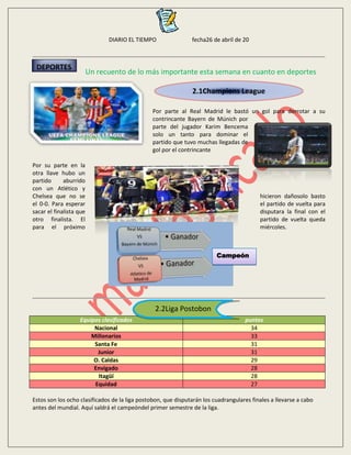 DIARIO EL TIEMPO fecha26 de abril de 20
Un recuento de lo más importante esta semana en cuanto en deportes
Por parte al Real Madrid le bastó un gol para derrotar a su
contrincante Bayern de Múnich por
parte del jugador Karim Bencema
solo un tanto para dominar el
partido que tuvo muchas llegadas de
gol por el contrincante
Por su parte en la
otra llave hubo un
partido aburrido
con un Atlético y
Chelsea que no se hicieron dañosolo basto
el 0-0. Para esperar el partido de vuelta para
sacar el finalista que disputara la final con el
otro finalista. El partido de vuelta queda
para el próximo miércoles.
Estos son los ocho clasificados de la liga postobon, que disputarán los cuadrangulares finales a llevarse a cabo
antes del mundial. Aquí saldrá el campeóndel primer semestre de la liga.
Equipos clasificados puntos
Nacional 34
Millonarios 33
Santa Fe 31
Junior 31
O. Caldas 29
Envigado 28
Itagüí 28
Equidad 27
DEPORTES
2.1Champions League
2.2Liga Postobon
Campeón
 