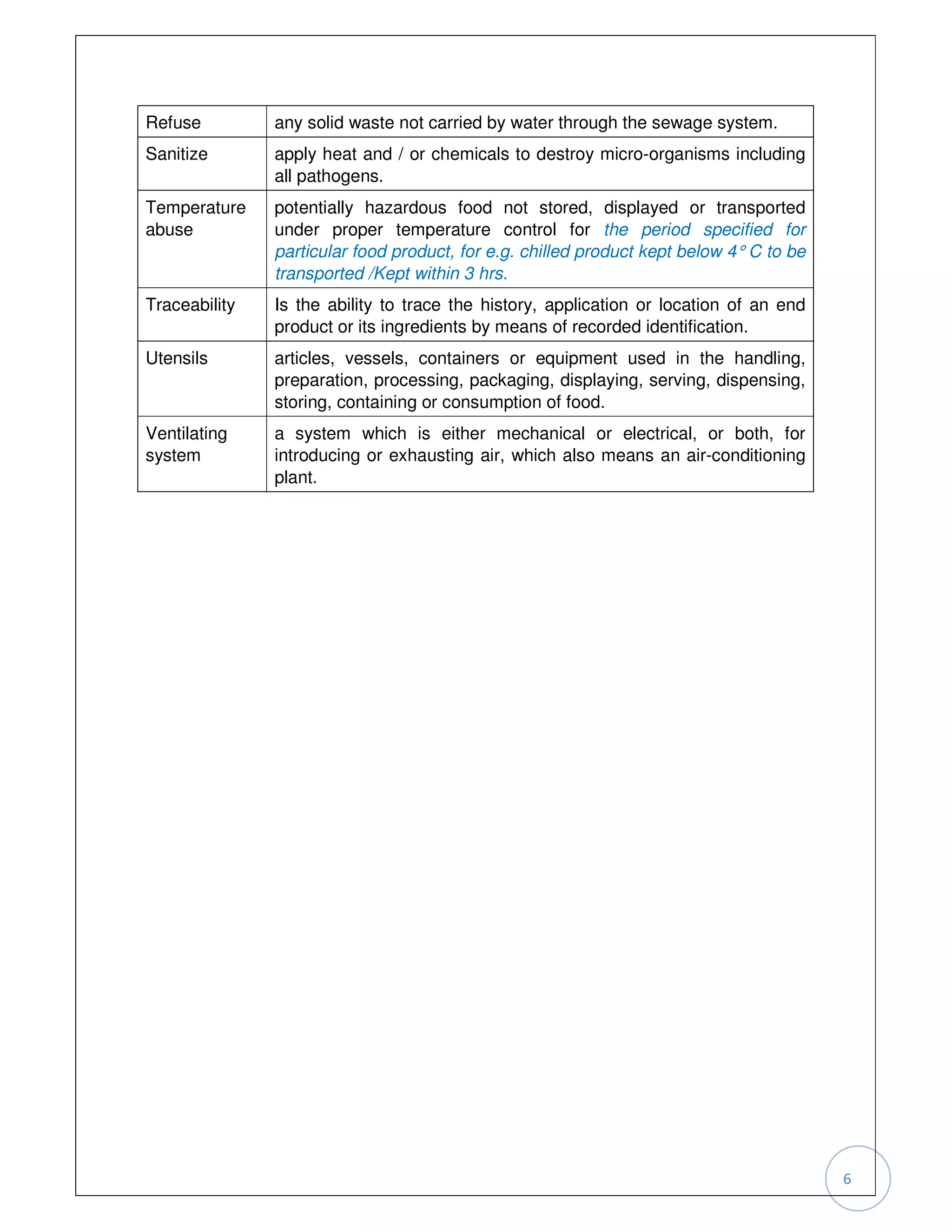 Refuse         any solid waste not carried by water through the sewage system.
Sanitize       apply heat and / or chemicals to destroy micro-organisms including
               all pathogens.
Temperature    potentially hazardous food not stored, displayed or transported
abuse          under proper temperature control for the period specified for
               particular food product, for e.g. chilled product kept below 4° C to be
               transported /Kept within 3 hrs.
Traceability   Is the ability to trace the history, application or location of an end
               product or its ingredients by means of recorded identification.
Utensils       articles, vessels, containers or equipment used in the handling,
               preparation, processing, packaging, displaying, serving, dispensing,
               storing, containing or consumption of food.
Ventilating    a system which is either mechanical or electrical, or both, for
system         introducing or exhausting air, which also means an air-conditioning
               plant.




                                                                                         6
 