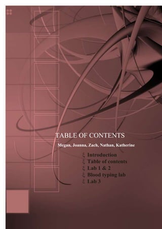 TABLE OF CONTENTS
Megan, Joanna, Zach, Nathan, Katherine

              Introduction
              Table of contents
              Lab 1 & 2
              Blood typing lab
              Lab 3
              Lab 4&5
 