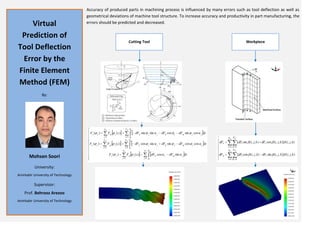 Accuracy of produced parts in machining process is influenced by many errors such as tool deflection as well as
geometrical deviations of machine tool structure. To increase accuracy and productivity in part manufacturing, the
errors should be predicted and decreased.Virtual
Prediction of
Tool Deflection
Error by the
Finite Element
Method (FEM)
By:
Mohsen Soori
University:
Amirkabir University of Technology
Supervisor:
Prof. Behrooz Arezoo
Amirkabir University of Technology
Cutting Tool Workpiece
 