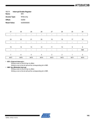 105
32059L–AVR32–01/2012
AT32UC3B
13.7.1 Interrupt Enable Register
Name: IER
Access Type: Write-only
Offset: 0x000
Reset Value: 0x00000000
• INTn: External Interrupt n
Writing a zero to this bit has no effect.
Writing a one to this bit will set the corresponding bit in IMR.
• NMI: Non-Maskable Interrupt
Writing a zero to this bit has no effect.
Writing a one to this bit will set the corresponding bit in IMR.
31 30 29 28 27 26 25 24
- - - - - - - -
23 22 21 20 19 18 17 16
- - - - - - - -
15 14 13 12 11 10 9 8
- - - - - - - NMI
7 6 5 4 3 2 1 0
INT7 INT6 INT5 INT4 INT3 INT2 INT1 INT0
 