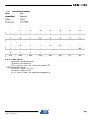 108
32059L–AVR32–01/2012
AT32UC3B
13.7.4 Interrupt Status Register
Name: ISR
Access Type: Read-only
Offset: 0x00C
Reset Value: 0x00000000
• INTn: External Interrupt n
0: An interrupt event has not occurred
1: An interrupt event has occurred
This bit is cleared by writing a one to the corresponding bit in ICR.
• NMI: Non-Maskable Interrupt
0: An interrupt event has not occurred
1: An interrupt event has occurred
This bit is cleared by writing a one to the corresponding bit in ICR.
31 30 29 28 27 26 25 24
- - - - - - - -
23 22 21 20 19 18 17 16
- - - - - - - -
15 14 13 12 11 10 9 8
- - - - - - - NMI
7 6 5 4 3 2 1 0
INT7 INT6 INT5 INT4 INT3 INT2 INT1 INT0
 