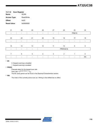 116
32059L–AVR32–01/2012
AT32UC3B
13.7.12 Scan Register
Name: SCAN
Access Type: Read/Write
Offset: 0x2C
Reset Value: 0x0000000
• EN
0: Keypad scanning is disabled
1: Keypad scanning is enabled
• PRESC
Prescale select for the keypad scan rate:
Scan rate = 2(SCAN.PRESC+1)
TRC
The RC clock period can be found in the Electrical Characteristics section.
• PIN
The index of the currently active scan pin. Writing to this bitfield has no effect.
31 30 29 28 27 26 25 24
- - - - - PIN[2:0]
23 22 21 20 19 18 17 16
- - - - - - - -
15 14 13 12 11 10 9 8
- - - PRESC[4:0]
7 6 5 4 3 2 1 0
- - - - - - - EN
 