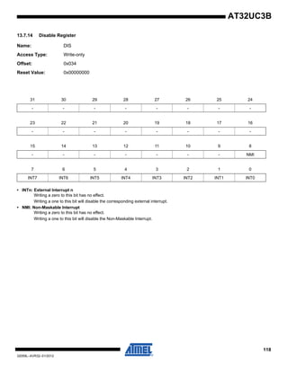 118
32059L–AVR32–01/2012
AT32UC3B
13.7.14 Disable Register
Name: DIS
Access Type: Write-only
Offset: 0x034
Reset Value: 0x00000000
• INTn: External Interrupt n
Writing a zero to this bit has no effect.
Writing a one to this bit will disable the corresponding external interrupt.
• NMI: Non-Maskable Interrupt
Writing a zero to this bit has no effect.
Writing a one to this bit will disable the Non-Maskable Interrupt.
31 30 29 28 27 26 25 24
- - - - - - - -
23 22 21 20 19 18 17 16
- - - - - - - -
15 14 13 12 11 10 9 8
- - - - - - - NMI
7 6 5 4 3 2 1 0
INT7 INT6 INT5 INT4 INT3 INT2 INT1 INT0
 