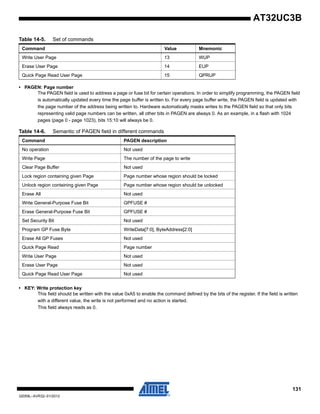 131
32059L–AVR32–01/2012
AT32UC3B
• PAGEN: Page number
The PAGEN field is used to address a page or fuse bit for certain operations. In order to simplify programming, the PAGEN field
is automatically updated every time the page buffer is written to. For every page buffer write, the PAGEN field is updated with
the page number of the address being written to. Hardware automatically masks writes to the PAGEN field so that only bits
representing valid page numbers can be written, all other bits in PAGEN are always 0. As an example, in a flash with 1024
pages (page 0 - page 1023), bits 15:10 will always be 0.
• KEY: Write protection key
This field should be written with the value 0xA5 to enable the command defined by the bits of the register. If the field is written
with a different value, the write is not performed and no action is started.
This field always reads as 0.
Write User Page 13 WUP
Erase User Page 14 EUP
Quick Page Read User Page 15 QPRUP
Table 14-6. Semantic of PAGEN field in different commands
Command PAGEN description
No operation Not used
Write Page The number of the page to write
Clear Page Buffer Not used
Lock region containing given Page Page number whose region should be locked
Unlock region containing given Page Page number whose region should be unlocked
Erase All Not used
Write General-Purpose Fuse Bit GPFUSE #
Erase General-Purpose Fuse Bit GPFUSE #
Set Security Bit Not used
Program GP Fuse Byte WriteData[7:0], ByteAddress[2:0]
Erase All GP Fuses Not used
Quick Page Read Page number
Write User Page Not used
Erase User Page Not used
Quick Page Read User Page Not used
Table 14-5. Set of commands
Command Value Mnemonic
 