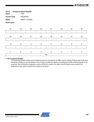 159
32059L–AVR32–01/2012
AT32UC3B
16.6.4 Peripheral Select Register
Name: PSR
Access Type: Read/Write
Offset: 0x004 + n*0x040
Reset Value: -
• PID: Peripheral Identifier
The Peripheral Identifier selects which peripheral should be connected to the DMA channel. Writing a PID will select both which
handshake interface to use, the direction of the transfer and also the address of the Receive/Transfer Holding Register for the
peripheral. See the Module Configuration section of PDCA for details. The width of the PID field is device specific and
dependent on the number of peripheral modules in the device.
31 30 29 28 27 26 25 24
- - - - - - - -
23 22 21 20 19 18 17 16
- - - - - - - -
15 14 13 12 11 10 9 8
- - - - - - - -
7 6 5 4 3 2 1 0
PID
 