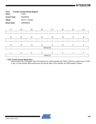 162
32059L–AVR32–01/2012
AT32UC3B
16.6.7 Transfer Counter Reload Register
Name: TCRR
Access Type: Read/Write
Offset: 0x010 + n*0x040
Reset Value: 0x00000000
• TCRV: Transfer Counter Reload Value
Reload value for the TCR register. When TCR reaches zero, it will be reloaded with TCRV if TCRV has a positive value. If TCRV
is zero, no more transfers will be performed for the channel. When TCR is reloaded, the TCRR register is cleared.
31 30 29 28 27 26 25 24
- - - - - - - -
23 22 21 20 19 18 17 16
- - - - - - - -
15 14 13 12 11 10 9 8
TCRV[15:8]
7 6 5 4 3 2 1 0
TCRV[7:0]
 