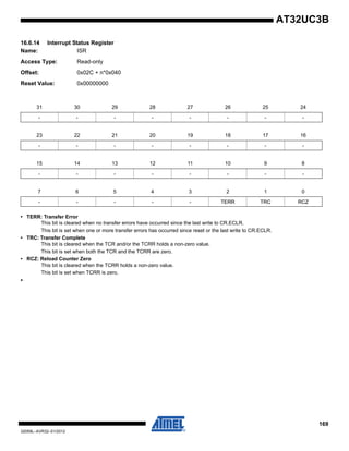 169
32059L–AVR32–01/2012
AT32UC3B
16.6.14 Interrupt Status Register
Name: ISR
Access Type: Read-only
Offset: 0x02C + n*0x040
Reset Value: 0x00000000
• TERR: Transfer Error
This bit is cleared when no transfer errors have occurred since the last write to CR.ECLR.
This bit is set when one or more transfer errors has occurred since reset or the last write to CR.ECLR.
• TRC: Transfer Complete
This bit is cleared when the TCR and/or the TCRR holds a non-zero value.
This bit is set when both the TCR and the TCRR are zero.
• RCZ: Reload Counter Zero
This bit is cleared when the TCRR holds a non-zero value.
This bit is set when TCRR is zero.
•
31 30 29 28 27 26 25 24
- - - - - - - -
23 22 21 20 19 18 17 16
- - - - - - - -
15 14 13 12 11 10 9 8
- - - - - - - -
7 6 5 4 3 2 1 0
- - - - - TERR TRC RCZ
 