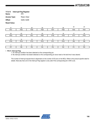 190
32059L–AVR32–01/2012
AT32UC3B
17.6.13 Interrupt Flag Register
Name: IFR
Access Type: Read, Clear
Offset: 0xD0, 0xD8
Reset Value: -
• P0-31: Interrupt Flag
1: An interrupt condition has been detected on the corresponding pin.
0: No interrupt condition has beedn detected on the corresponding pin since reset or the last time it was cleared.
The number of interrupt request lines is dependant on the number of I/O pins on the MCU. Refer to the product specific data for
details. Note also that a bit in the Interrupt Flag register is only valid if the corresponding bit in IER is set.
31 30 29 28 27 26
25 24
P31 P30 P29 P28 P27 P26 P25 P24
23 22 21 20 19 18 17 16
P23 P22 P21 P20 P19 P18 P17 P16
15 14 13 12 11 10 9 8
P15 P14 P13 P12 P11 P10 P9 P8
7 6 5 4 3 2 1 0
P7 P6 P5 P4 P3 P2 P1 P0
 