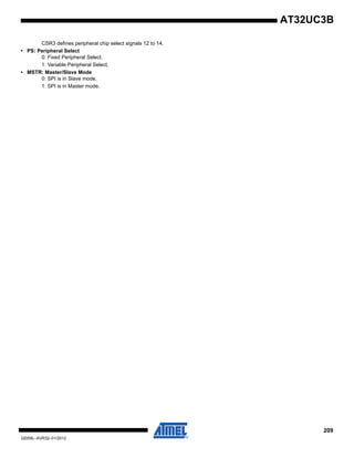 209
32059L–AVR32–01/2012
AT32UC3B
CSR3 defines peripheral chip select signals 12 to 14.
• PS: Peripheral Select
0: Fixed Peripheral Select.
1: Variable Peripheral Select.
• MSTR: Master/Slave Mode
0: SPI is in Slave mode.
1: SPI is in Master mode.
 
