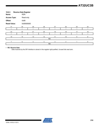 210
32059L–AVR32–01/2012
AT32UC3B
18.8.3 Receive Data Register
Name: RDR
Access Type: Read-only
Offset: 0x08
Reset Value: 0x00000000
• RD: Receive Data
Data received by the SPI Interface is stored in this register right-justified. Unused bits read zero.
31 30 29 28 27 26 25 24
– – – – – – – –
23 22 21 20 19 18 17 16
– – – – – – – –
15 14 13 12 11 10 9 8
RD
7 6 5 4 3 2 1 0
RD
 
