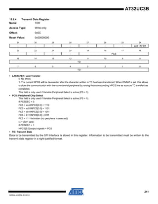 211
32059L–AVR32–01/2012
AT32UC3B
18.8.4 Transmit Data Register
Name: TDR
Access Type: Write-only
Offset: 0x0C
Reset Value: 0x00000000
• LASTXFER: Last Transfer
0: No effect.
1: The current NPCS will be deasserted after the character written in TD has been transferred. When CSAAT is set, this allows
to close the communication with the current serial peripheral by raising the corresponding NPCS line as soon as TD transfer has
completed.
This field is only used if Variable Peripheral Select is active (PS = 1).
• PCS: Peripheral Chip Select
This field is only used if Variable Peripheral Select is active (PS = 1).
If PCSDEC = 0:
PCS = xxx0NPCS[3:0] = 1110
PCS = xx01NPCS[3:0] = 1101
PCS = x011NPCS[3:0] = 1011
PCS = 0111NPCS[3:0] = 0111
PCS = 1111forbidden (no peripheral is selected)
(x = don’t care)
If PCSDEC = 1:
NPCS[3:0] output signals = PCS
• TD: Transmit Data
Data to be transmitted by the SPI Interface is stored in this register. Information to be transmitted must be written to the
transmit data register in a right-justified format.
31 30 29 28 27 26 25 24
– – – – – – – LASTXFER
23 22 21 20 19 18 17 16
– – – – PCS
15 14 13 12 11 10 9 8
TD
7 6 5 4 3 2 1 0
TD
 
