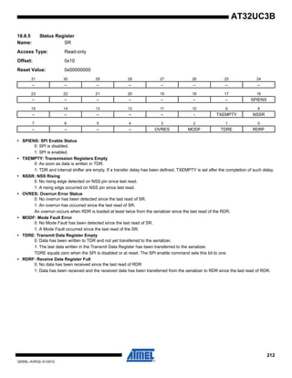212
32059L–AVR32–01/2012
AT32UC3B
18.8.5 Status Register
Name: SR
Access Type: Read-only
Offset: 0x10
Reset Value: 0x00000000
• SPIENS: SPI Enable Status
0: SPI is disabled.
1: SPI is enabled.
• TXEMPTY: Transmission Registers Empty
0: As soon as data is written in TDR.
1: TDR and internal shifter are empty. If a transfer delay has been defined, TXEMPTY is set after the completion of such delay.
• NSSR: NSS Rising
0: No rising edge detected on NSS pin since last read.
1: A rising edge occurred on NSS pin since last read.
• OVRES: Overrun Error Status
0: No overrun has been detected since the last read of SR.
1: An overrun has occurred since the last read of SR.
An overrun occurs when RDR is loaded at least twice from the serializer since the last read of the RDR.
• MODF: Mode Fault Error
0: No Mode Fault has been detected since the last read of SR.
1: A Mode Fault occurred since the last read of the SR.
• TDRE: Transmit Data Register Empty
0: Data has been written to TDR and not yet transferred to the serializer.
1: The last data written in the Transmit Data Register has been transferred to the serializer.
TDRE equals zero when the SPI is disabled or at reset. The SPI enable command sets this bit to one.
• RDRF: Receive Data Register Full
0: No data has been received since the last read of RDR
1: Data has been received and the received data has been transferred from the serializer to RDR since the last read of RDR.
31 30 29 28 27 26 25 24
– – – – – – – –
23 22 21 20 19 18 17 16
– – – – – – – SPIENS
15 14 13 12 11 10 9 8
– – – – – - TXEMPTY NSSR
7 6 5 4 3 2 1 0
– – – – OVRES MODF TDRE RDRF
 