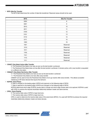217
32059L–AVR32–01/2012
AT32UC3B
• BITS: Bits Per Transfer
The BITS field determines the number of data bits transferred. Reserved values should not be used.
• CSAAT: Chip Select Active After Transfer
0: The Peripheral Chip Select Line rises as soon as the last transfer is achieved.
1: The Peripheral Chip Select does not rise after the last transfer is achieved. It remains active until a new transfer is requested
on a different chip select.
• CSNAAT: Chip Select Not Active After Transfer
0 = The Peripheral Chip Select Line rises as soon as the last transfer is acheived
1 = The Peripheral Chip Select Line rises after every transfer
CSNAAT can be used to force the Peripheral Chip Select Line to go inactive after every transfer. This allows successful
interfacing to SPI slave devices that require this behavior.
• NCPHA: Clock Phase
0: Data is changed on the leading edge of SPCK and captured on the following edge of SPCK.
1: Data is captured on the leading edge of SPCK and changed on the following edge of SPCK.
NCPHA determines which edge of SPCK causes data to change and which edge causes data to be captured. NCPHA is used
with CPOL to produce the required clock/data relationship between master and slave devices.
• CPOL: Clock Polarity
0: The inactive state value of SPCK is logic level zero.
1: The inactive state value of SPCK is logic level one.
CPOL is used to determine the inactive state value of the serial clock (SPCK). It is used with NCPHA to produce the required
clock/data relationship between master and slave devices.
BITS Bits Per Transfer
0000 8
0001 9
0010 10
0011 11
0100 12
0101 13
0110 14
0111 15
1000 16
1001 Reserved
1010 Reserved
1011 Reserved
1100 Reserved
1101 Reserved
1110 Reserved
1111 Reserved
 