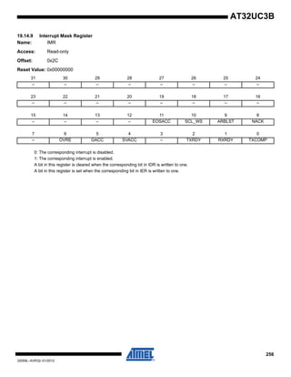 256
32059L–AVR32–01/2012
AT32UC3B
19.14.9 Interrupt Mask Register
Name: IMR
Access: Read-only
Offset: 0x2C
Reset Value: 0x00000000
0: The corresponding interrupt is disabled.
1: The corresponding interrupt is enabled.
A bit in this register is cleared when the corresponding bit in IDR is written to one.
A bit in this register is set when the corresponding bit in IER is written to one.
31 30 29 28 27 26 25 24
– – – – – – – –
23 22 21 20 19 18 17 16
– – – – – – – –
15 14 13 12 11 10 9 8
– – – – EOSACC SCL_WS ARBLST NACK
7 6 5 4 3 2 1 0
– OVRE GACC SVACC – TXRDY RXRDY TXCOMP
 