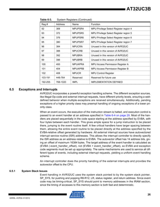 26
32059L–AVR32–01/2012
AT32UC3B
6.5 Exceptions and Interrupts
AVR32UC incorporates a powerful exception handling scheme. The different exception sources,
like Illegal Op-code and external interrupt requests, have different priority levels, ensuring a well-
defined behavior when multiple exceptions are received simultaneously. Additionally, pending
exceptions of a higher priority class may preempt handling of ongoing exceptions of a lower pri-
ority class.
When an event occurs, the execution of the instruction stream is halted, and execution control is
passed to an event handler at an address specified in Table 6-4 on page 29. Most of the han-
dlers are placed sequentially in the code space starting at the address specified by EVBA, with
four bytes between each handler. This gives ample space for a jump instruction to be placed
there, jumping to the event routine itself. A few critical handlers have larger spacing between
them, allowing the entire event routine to be placed directly at the address specified by the
EVBA-relative offset generated by hardware. All external interrupt sources have autovectored
interrupt service routine (ISR) addresses. This allows the interrupt controller to directly specify
the ISR address as an address relative to EVBA. The autovector offset has 14 address bits, giv-
ing an offset of maximum 16384 bytes. The target address of the event handler is calculated as
(EVBA | event_handler_offset), not (EVBA + event_handler_offset), so EVBA and exception
code segments must be set up appropriately. The same mechanisms are used to service all dif-
ferent types of events, including external interrupt requests, yielding a uniform event handling
scheme.
An interrupt controller does the priority handling of the external interrupts and provides the
autovector offset to the CPU.
6.5.1 System Stack Issues
Event handling in AVR32UC uses the system stack pointed to by the system stack pointer,
SP_SYS, for pushing and popping R8-R12, LR, status register, and return address. Since event
code may be timing-critical, SP_SYS should point to memory addresses in the IRAM section,
since the timing of accesses to this memory section is both fast and deterministic.
92 368 MPUPSR4 MPU Privilege Select Register region 4
93 372 MPUPSR5 MPU Privilege Select Register region 5
94 376 MPUPSR6 MPU Privilege Select Register region 6
95 380 MPUPSR7 MPU Privilege Select Register region 7
96 384 MPUCRA Unused in this version of AVR32UC
97 388 MPUCRB Unused in this version of AVR32UC
98 392 MPUBRA Unused in this version of AVR32UC
99 396 MPUBRB Unused in this version of AVR32UC
100 400 MPUAPRA MPU Access Permission Register A
101 404 MPUAPRB MPU Access Permission Register B
102 408 MPUCR MPU Control Register
103-191 448-764 Reserved Reserved for future use
192-255 768-1020 IMPL IMPLEMENTATION DEFINED
Table 6-3. System Registers (Continued)
Reg # Address Name Function
 