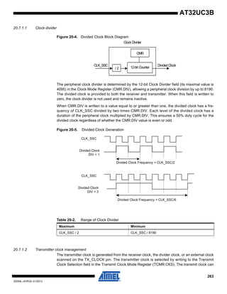 263
32059L–AVR32–01/2012
AT32UC3B
20.7.1.1 Clock divider
Figure 20-4. Divided Clock Block Diagram
The peripheral clock divider is determined by the 12-bit Clock Divider field (its maximal value is
4095) in the Clock Mode Register (CMR.DIV), allowing a peripheral clock division by up to 8190.
The divided clock is provided to both the receiver and transmitter. When this field is written to
zero, the clock divider is not used and remains inactive.
When CMR.DIV is written to a value equal to or greater than one, the divided clock has a fre-
quency of CLK_SSC divided by two times CMR.DIV. Each level of the divided clock has a
duration of the peripheral clock multiplied by CMR.DIV. This ensures a 50% duty cycle for the
divided clock regardless of whether the CMR.DIV value is even or odd.
Figure 20-5. Divided Clock Generation
20.7.1.2 Transmitter clock management
The transmitter clock is generated from the receiver clock, the divider clock, or an external clock
scanned on the TX_CLOCK pin. The transmitter clock is selected by writing to the Transmit
Clock Selection field in the Transmit Clock Mode Register (TCMR.CKS). The transmit clock can
Table 20-2. Range of Clock Divider
Maximum Minimum
CLK_SSC / 2 CLK_SSC / 8190
CMR
/ 2
CLK_SSC DividedClock
12-bit Counter
Clock Divider
CLK_SSC
Divided Clock
DIV = 1
CLK_SSC
Divided Clock
DIV = 3
Divided Clock Frequency = CLK_SSC/2
Divided Clock Frequency = CLK_SSC/6
 