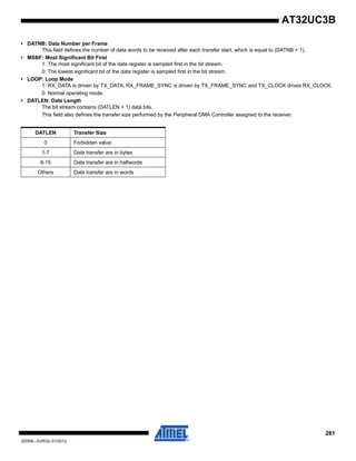 281
32059L–AVR32–01/2012
AT32UC3B
• DATNB: Data Number per Frame
This field defines the number of data words to be received after each transfer start, which is equal to (DATNB + 1).
• MSBF: Most Significant Bit First
1: The most significant bit of the data register is sampled first in the bit stream.
0: The lowest significant bit of the data register is sampled first in the bit stream.
• LOOP: Loop Mode
1: RX_DATA is driven by TX_DATA, RX_FRAME_SYNC is driven by TX_FRAME_SYNC and TX_CLOCK drives RX_CLOCK.
0: Normal operating mode.
• DATLEN: Data Length
The bit stream contains (DATLEN + 1) data bits.
This field also defines the transfer size performed by the Peripheral DMA Controller assigned to the receiver.
DATLEN Transfer Size
0 Forbidden value
1-7 Data transfer are in bytes
8-15 Data transfer are in halfwords
Others Data transfer are in words
 