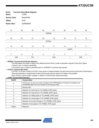282
32059L–AVR32–01/2012
AT32UC3B
20.9.5 Transmit Clock Mode Register
Name: TCMR
Access Type: Read/Write
Offset: 0x18
Reset value: 0x00000000
• PERIOD: Transmit Period Divider Selection
This field selects the divider to apply to the selected transmit clock in order to generate a periodic Frame Sync Signal.
If equal to zero, no signal is generated.
If not equal to zero, a signal is generated each 2 x (PERIOD+1) transmit clock periods.
• STTDLY: Transmit Start Delay
If STTDLY is not zero, a delay of STTDLY clock cycles is inserted between the start event and the actual start of transmission.
When the transmitter is programmed to start synchronously with the receiver, the delay is also applied.
Note: STTDLY must be written carefully, in relation to Transmit Sync Data transmission.
• START: Transmit Start Selection
31 30 29 28 27 26 25 24
PERIOD
23 22 21 20 19 18 17 16
STTDLY
15 14 13 12 11 10 9 8
- - - - START
7 6 5 4 3 2 1 0
CKG CKI CKO CKS
START Transmit Start
0
Continuous, as soon as a word is written to the THR Register (if Transmit is enabled), and
immediately after the end of transfer of the previous data.
1 Receive start
2 Detection of a low level on TX_FRAME_SYNC signal
3 Detection of a high level on TX_FRAME_SYNC signal
4 Detection of a falling edge on TX_FRAME_SYNC signal
5 Detection of a rising edge on TX_FRAME_SYNC signal
6 Detection of any level change on TX_FRAME_SYNC signal
7 Detection of any edge on TX_FRAME_SYNC signal
Others Reserved
 