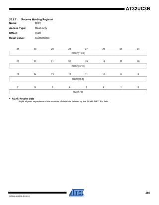 286
32059L–AVR32–01/2012
AT32UC3B
20.9.7 Receive Holding Register
Name: RHR
Access Type: Read-only
Offset: 0x20
Reset value: 0x00000000
• RDAT: Receive Data
Right aligned regardless of the number of data bits defined by the RFMR.DATLEN field.
31 30 29 28 27 26 25 24
RDAT[31:24]
23 22 21 20 19 18 17 16
RDAT[23:16]
15 14 13 12 11 10 9 8
RDAT[15:8]
7 6 5 4 3 2 1 0
RDAT[7:0]
 