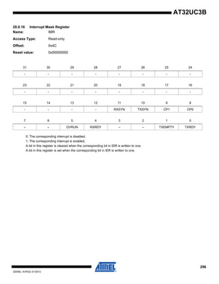 296
32059L–AVR32–01/2012
AT32UC3B
20.9.16 Interrupt Mask Register
Name: IMR
Access Type: Read-only
Offset: 0x4C
Reset value: 0x00000000
0: The corresponding interrupt is disabled.
1: The corresponding interrupt is enabled.
A bit in this register is cleared when the corresponding bit in IDR is written to one.
A bit in this register is set when the corresponding bit in IER is written to one.
31 30 29 28 27 26 25 24
- - - - - - - -
23 22 21 20 19 18 17 16
- - - - - - - -
15 14 13 12 11 10 9 8
- - - - RXSYN TXSYN CP1 CP0
7 6 5 4 3 2 1 0
– – OVRUN RXRDY – – TXEMPTY TXRDY
 