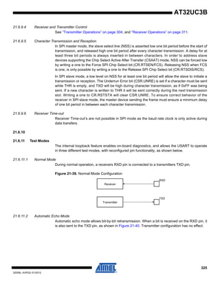 325
32059L–AVR32–01/2012
AT32UC3B
21.6.9.4 Receiver and Transmitter Control
See ”Transmitter Operations” on page 304, and ”Receiver Operations” on page 311.
21.6.9.5 Character Transmission and Reception
In SPI master mode, the slave select line (NSS) is asserted low one bit period before the start of
transmission, and released high one bit period after every character transmission. A delay for at
least three bit periods is always inserted in between characters. In order to address slave
devices supporting the Chip Select Active After Transfer (CSAAT) mode, NSS can be forced low
by writing a one to the Force SPI Chip Select bit (CR.RTSEN/FCS). Releasing NSS when FCS
is one, is only possible by writing a one to the Release SPI Chip Select bit (CR.RTSDIS/RCS).
In SPI slave mode, a low level on NSS for at least one bit period will allow the slave to initiate a
transmission or reception. The Underrun Error bit (CSR.UNRE) is set if a character must be sent
while THR is empty, and TXD will be high during character transmission, as if 0xFF was being
sent. If a new character is written to THR it will be sent correctly during the next transmission
slot. Writing a one to CR.RSTSTA will clear CSR.UNRE. To ensure correct behavior of the
receiver in SPI slave mode, the master device sending the frame must ensure a minimum delay
of one bit period in between each character transmission.
21.6.9.6 Receiver Time-out
Receiver Time-out’s are not possible in SPI mode as the baud rate clock is only active during
data transfers.
21.6.10
21.6.11 Test Modes
The internal loopback feature enables on-board diagnostics, and allows the USART to operate
in three different test modes, with reconfigured pin functionality, as shown below.
21.6.11.1 Normal Mode
During normal operation, a receivers RXD pin is connected to a transmitters TXD pin.
Figure 21-39. Normal Mode Configuration
21.6.11.2 Automatic Echo Mode
Automatic echo mode allows bit-by-bit retransmission. When a bit is received on the RXD pin, it
is also sent to the TXD pin, as shown in Figure 21-40. Transmitter configuration has no effect.
Receiver
Transmitter
RXD
TXD
 