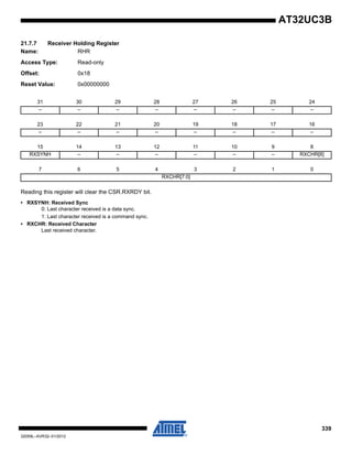 339
32059L–AVR32–01/2012
AT32UC3B
21.7.7 Receiver Holding Register
Name: RHR
Access Type: Read-only
Offset: 0x18
Reset Value: 0x00000000
Reading this register will clear the CSR.RXRDY bit.
• RXSYNH: Received Sync
0: Last character received is a data sync.
1: Last character received is a command sync.
• RXCHR: Received Character
Last received character.
31 30 29 28 27 26 25 24
– – – – – – – –
23 22 21 20 19 18 17 16
– – – – – – – –
15 14 13 12 11 10 9 8
RXSYNH – – – – – – RXCHR[8]
7 6 5 4 3 2 1 0
RXCHR[7:0]
 