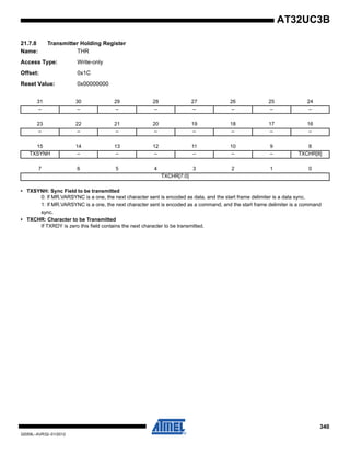 340
32059L–AVR32–01/2012
AT32UC3B
21.7.8 Transmitter Holding Register
Name: THR
Access Type: Write-only
Offset: 0x1C
Reset Value: 0x00000000
• TXSYNH: Sync Field to be transmitted
0: If MR.VARSYNC is a one, the next character sent is encoded as data, and the start frame delimiter is a data sync.
1: If MR.VARSYNC is a one, the next character sent is encoded as a command, and the start frame delimiter is a command
sync.
• TXCHR: Character to be Transmitted
If TXRDY is zero this field contains the next character to be transmitted.
31 30 29 28 27 26 25 24
– – – – – – – –
23 22 21 20 19 18 17 16
– – – – – – – –
15 14 13 12 11 10 9 8
TXSYNH – – – – – – TXCHR[8]
7 6 5 4 3 2 1 0
TXCHR[7:0]
 