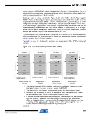 364
32059L–AVR32–01/2012
AT32UC3B
memory area in the DPRAM and inserts it between the n-1 and n+1 pipes/endpoints. The n+1
pipe/endpoint memory window slides up and its data is lost. Note that the following pipe/end-
point memory windows (from n+2) do not slide.
Disabling a pipe, by writing a zero to the Pipe n Enable bit in the Pipe Enable/Reset register
(UPRST.PENn), or disabling an endpoint, by writing a zero to the Endpoint n Enable bit in the
Endpoint Enable/Reset register (UERST.EPENn), resets neither the UECFGn.ALLOC bit nor its
configuration (the Pipe Banks (PBK) field, the Pipe Size (PSIZE) field, the Pipe Token (PTO-
KEN) field, the Pipe Type (PTYPE) field, the Pipe Endpoint Number (PEPNUM) field, and the
Pipe Interrupt Request Frequency (INTFRQ) field in the Pipe n Configuration (UPCFGn) regis-
ter/the Endpoint Banks (EPBK) field, the Endpoint Size (EPSIZE) field, the Endpoint Direction
(EPDIR) field, and the Endpoint Type (EPTYPE) field in UECFGn).
To free its memory, the user shall write a zero to the UECFGn.ALLOC bit. The n+1 pipe/end-
point memory window then slides down and its data is lost. Note that the following pipe/endpoint
memory windows (from n+2) does not slide.
Figure 22-8 on page 364 illustrates the allocation and reorganization of the DPRAM in a typical
example.
Figure 22-8. Allocation and Reorganization of the DPRAM
1. The pipes/endpoints 0 to 5 are enabled, configured and allocated in ascending order.
Each pipe/endpoint then owns a memory area in the DPRAM.
2. The pipe/endpoint 3 is disabled, but its memory is kept allocated by the controller.
3. In order to free its memory, its ALLOC bit is written to zero. The pipe/endpoint 4 mem-
ory window slides down, but the pipe/endpoint 5 does not move.
4. If the user chooses to reconfigure the pipe/endpoint 3 with a larger size, the controller
allocates a memory area after the pipe/endpoint 2 memory area and automatically
slides up the pipe/endpoint 4 memory window. The pipe/endpoint 5 does not move and
a memory conflict appears as the memory windows of the pipes/endpoints 4 and 5
overlap. The data of these pipes/endpoints is potentially lost.
Note that:
Free Memory
PEP0
PEP1
PEP2
PEP3
PEP4
PEP5
U(P/E)RST.(E)PENn = 1
U(P/E)CFGn.ALLOC = 1
Free Memory
PEP0
PEP1
PEP2
PEP4
PEP5
Free Memory
PEP0
PEP1
PEP2
PEP4
PEP5
Pipe/Endpoint 3
Disabled
Pipe/Endpoint 3
Memory Freed
Free Memory
PEP0
PEP1
PEP2
PEP3 (larger size)
PEP5
Pipe/Endpoint 3
Activated
PEP4 Lost Memory
PEP4 Conflict
U(P/E)RST.(E)PEN3 = 0
PEP3
(ALLOC stays at 1)
U(P/E)CFG3.ALLOC = 0 U(P/E)RST.(E)PEN3 = 1
U(P/E)CFG3.ALLOC = 1
Pipes/Endpoints 0..5
Activated
 