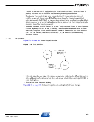 365
32059L–AVR32–01/2012
AT32UC3B
• There is no way the data of the pipe/endpoint 0 can be lost (except if it is de-allocated) as
memory allocation and de-allocation may affect only higher pipes/endpoints.
• Deactivating then reactivating a same pipe/endpoint with the same configuration only
modifies temporarily the controller DPRAM pointer and size for this pipe/endpoint, but
nothing changes in the DPRAM, so higher endpoints seem to not have been moved and their
data is preserved as far as nothing has been written or received into them while changing the
allocation state of the first pipe/endpoint.
• When the user write a one to the ALLOC bit, the Configuration OK Status bit in the Endpoint
n Status register (UESTAn.CFGOK) is set only if the configured size and number of banks
are correct compared to their maximal allowed values for the endpoint and to the maximal
FIFO size (i.e. the DPRAM size), so the value of CFGOK does not consider memory
allocation conflicts.
22.7.1.7 Pad Suspend
Figure 22-9 on page 365 shows the pad behavior.
Figure 22-9. Pad Behavior
• In the Idle state, the pad is put in low power consumption mode, i.e., the differential receiver
of the USB pad is off, and internal pull-down with strong value(15K) are set in both DP/DM to
avoid floating lines.
• In the Active state, the pad is working.
Figure 22-10 on page 366 illustrates the pad events leading to a PAD state change.
Idle
Active
USBE = 1
& DETACH = 0
& Suspend
USBE = 0
| DETACH = 1
| Suspend
 