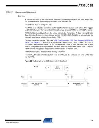 374
32059L–AVR32–01/2012
AT32UC3B
22.7.2.12 Management of IN endpoints
•Overview
IN packets are sent by the USB device controller upon IN requests from the host. All the data
can be written which acknowledges or not the bank when it is full.
The endpoint must be configured first.
The TXINI bit is set at the same time as FIFOCON when the current bank is free. This triggers
an EPnINT interrupt if the Transmitted IN Data Interrupt Enable (TXINE) bit in UECONn is one.
TXINI shall be cleared by software (by writing a one to the Transmitted IN Data Interrupt Enable
Clear bit in the Endpoint n Control Clear register (UECONnCLR.TXINIC)) to acknowledge the
interrupt, what has no effect on the endpoint FIFO.
The user then writes into the FIFO (see ”USB Pipe/Endpoint n FIFO Data Register (USBFIFOn-
DATA)” on page 471) and write a one to the FIFO Control Clear (FIFOCONC) bit in
UECONnCLR to clear the FIFOCON bit. This allows the USBB to send the data. If the IN end-
point is composed of multiple banks, this also switches to the next bank. The TXINI and
FIFOCON bits are updated in accordance with the status of the next bank.
TXINI shall always be cleared before clearing FIFOCON.
The RWALL bit is set when the current bank is not full, i.e. the software can write further data
into the FIFO.
Figure 22-17. Example of an IN Endpoint with 1 Data Bank
IN
DATA
(bank 0)
ACK
TXINI
FIFOCON
HW
write data to CPU
BANK 0
SW
SW SW
SW
IN
NAK
write data to CPU
BANK 0
 