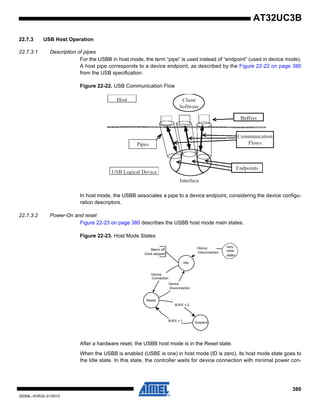 380
32059L–AVR32–01/2012
AT32UC3B
22.7.3 USB Host Operation
22.7.3.1 Description of pipes
For the USBB in host mode, the term “pipe” is used instead of “endpoint” (used in device mode).
A host pipe corresponds to a device endpoint, as described by the Figure 22-22 on page 380
from the USB specification.
Figure 22-22. USB Communication Flow
In host mode, the USBB associates a pipe to a device endpoint, considering the device configu-
ration descriptors.
22.7.3.2 Power-On and reset
Figure 22-23 on page 380 describes the USBB host mode main states.
Figure 22-23. Host Mode States
After a hardware reset, the USBB host mode is in the Reset state.
When the USBB is enabled (USBE is one) in host mode (ID is zero), its host mode state goes to
the Idle state. In this state, the controller waits for device connection with minimal power con-
Ready
Idle
Device
Disconnection
<any
other
state>
Device
Connection
Macro off
Clock stopped
Device
Disconnection
SuspendSOFE = 1
SOFE = 0
 