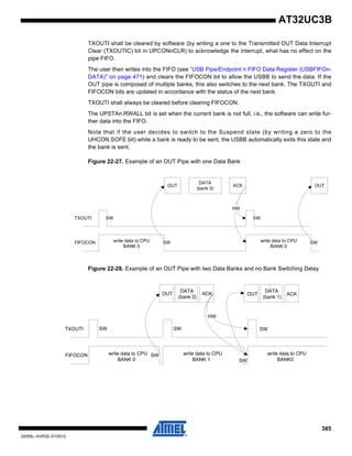 385
32059L–AVR32–01/2012
AT32UC3B
TXOUTI shall be cleared by software (by writing a one to the Transmitted OUT Data Interrupt
Clear (TXOUTIC) bit in UPCONnCLR) to acknowledge the interrupt, what has no effect on the
pipe FIFO.
The user then writes into the FIFO (see ”USB Pipe/Endpoint n FIFO Data Register (USBFIFOn-
DATA)” on page 471) and clears the FIFOCON bit to allow the USBB to send the data. If the
OUT pipe is composed of multiple banks, this also switches to the next bank. The TXOUTI and
FIFOCON bits are updated in accordance with the status of the next bank.
TXOUTI shall always be cleared before clearing FIFOCON.
The UPSTAn.RWALL bit is set when the current bank is not full, i.e., the software can write fur-
ther data into the FIFO.
Note that if the user decides to switch to the Suspend state (by writing a zero to the
UHCON.SOFE bit) while a bank is ready to be sent, the USBB automatically exits this state and
the bank is sent.
Figure 22-27. Example of an OUT Pipe with one Data Bank
Figure 22-28. Example of an OUT Pipe with two Data Banks and no Bank Switching Delay
OUT
DATA
(bank 0)
ACK
TXOUTI
FIFOCON
HW
write data to CPU
BANK 0
SW
SW SW
SW
OUT
write data to CPU
BANK 0
OUT
DATA
(bank 0)
ACK
TXOUTI
FIFOCON write data to CPU
BANK 0
SW
SW SW
SW
write data to CPU
BANK 1
SW
HW
write data to CPU
BANK0
OUT
DATA
(bank 1)
ACK
 