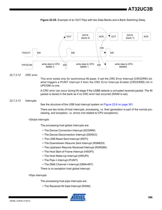 386
32059L–AVR32–01/2012
AT32UC3B
Figure 22-29. Example of an OUT Pipe with two Data Banks and a Bank Switching Delay
22.7.3.12 CRC error
This error exists only for isochronous IN pipes. It set the CRC Error Interrupt (CRCERRI) bit,
what triggers a PnINT interrupt if then the CRC Error Interrupt Enable (CRCERRE) bit in
UPCONn is one.
A CRC error can occur during IN stage if the USBB detects a corrupted received packet. The IN
packet is stored in the bank as if no CRC error had occurred (RXINI is set).
22.7.3.13 Interrupts
See the structure of the USB host interrupt system on Figure 22-6 on page 361.
There are two kinds of host interrupts: processing, i.e. their generation is part of the normal pro-
cessing, and exception, i.e. errors (not related to CPU exceptions).
•Global interrupts
The processing host global interrupts are:
• The Device Connection Interrupt (DCONNI)
• The Device Disconnection Interrupt (DDISCI)
• The USB Reset Sent Interrupt (RSTI)
• The Downstream Resume Sent Interrupt (RSMEDI)
• The Upstream Resume Received Interrupt (RXRSMI)
• The Host Start of Frame Interrupt (HSOFI)
• The Host Wake-Up Interrupt (HWUPI)
• The Pipe n Interrupt (PnINT)
• The DMA Channel n Interrupt (DMAnINT)
There is no exception host global interrupt.
•Pipe interrupts
The processing host pipe interrupts are:
• The Received IN Data Interrupt (RXINI)
OUT
DATA
(bank 0)
ACK
TXOUTI
FIFOCON write data to CPU
BANK 0
SW
SW SW
SW
OUT
DATA
(bank 1)
ACK
write data to CPU
BANK 1
SW
HW
write data to CPU
BANK0
 